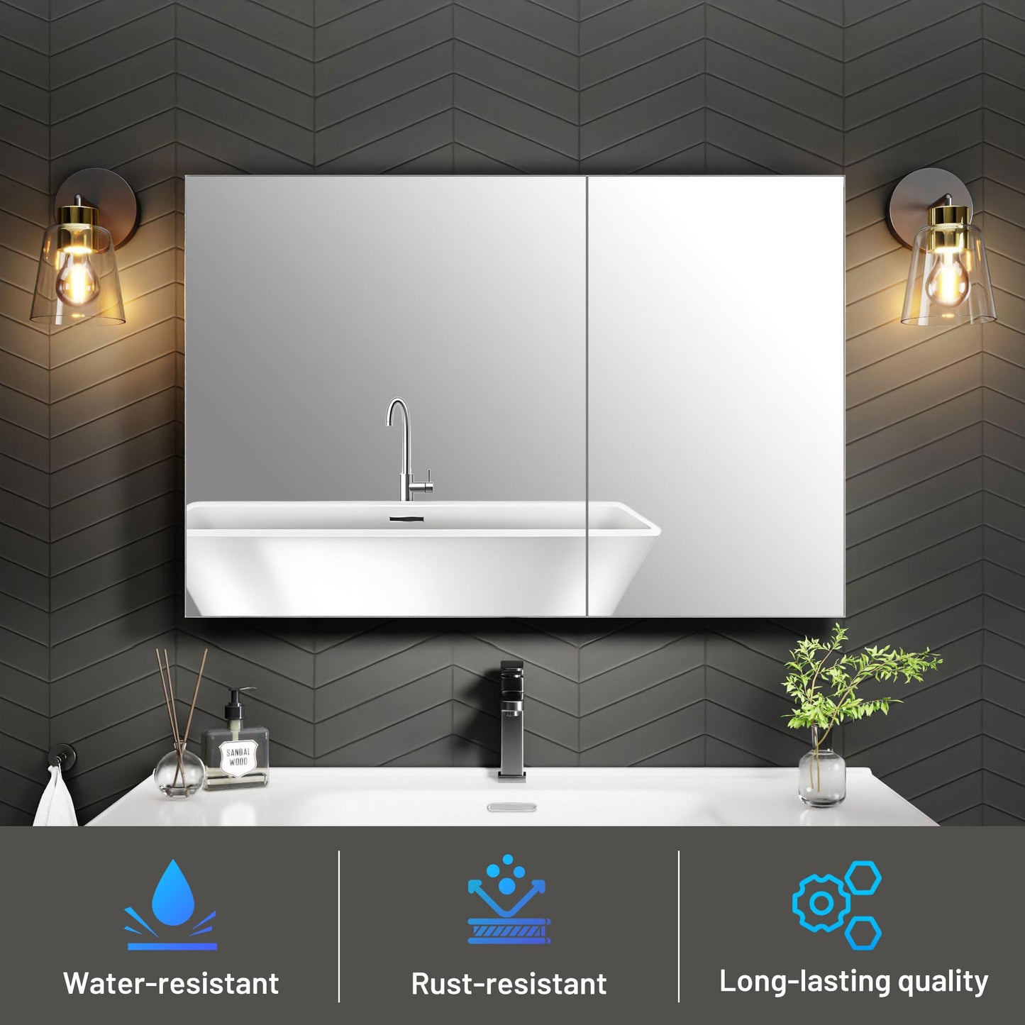AZDHOME 36 x 24 Inch Bathroom Medicine Cabinet with Mirror, Surface/Recessed, Aluminum Frame with Mirrored Side Panels, Adjustable Shelves, Space-Saving Modern Farmhouse Design, Assembly Required