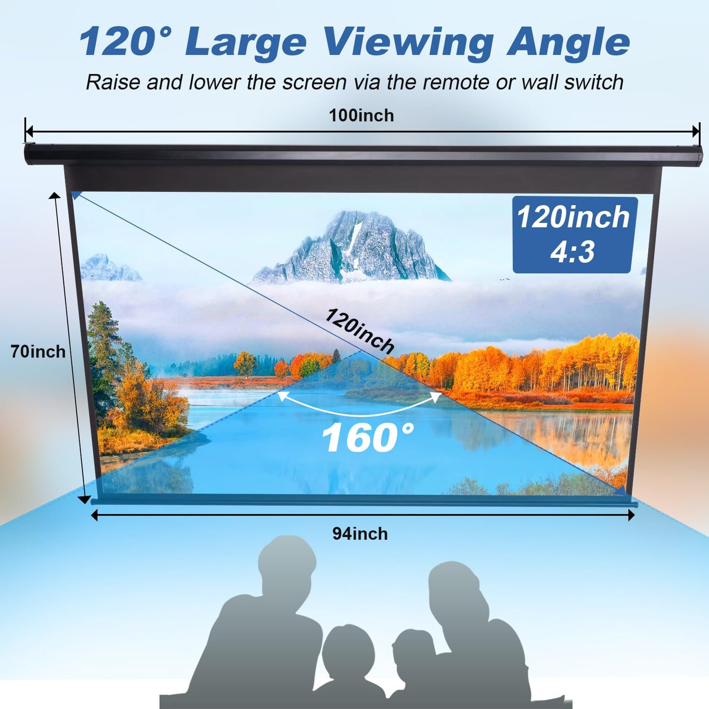 120 Inch Projector Screen Motorized 4:3 HD Electric Rising Projector Screen Pull Down with Remote, Black Automatic Projection Screens Retractable Wall Mount Ceiling Movie Screens Outdoor Indoor