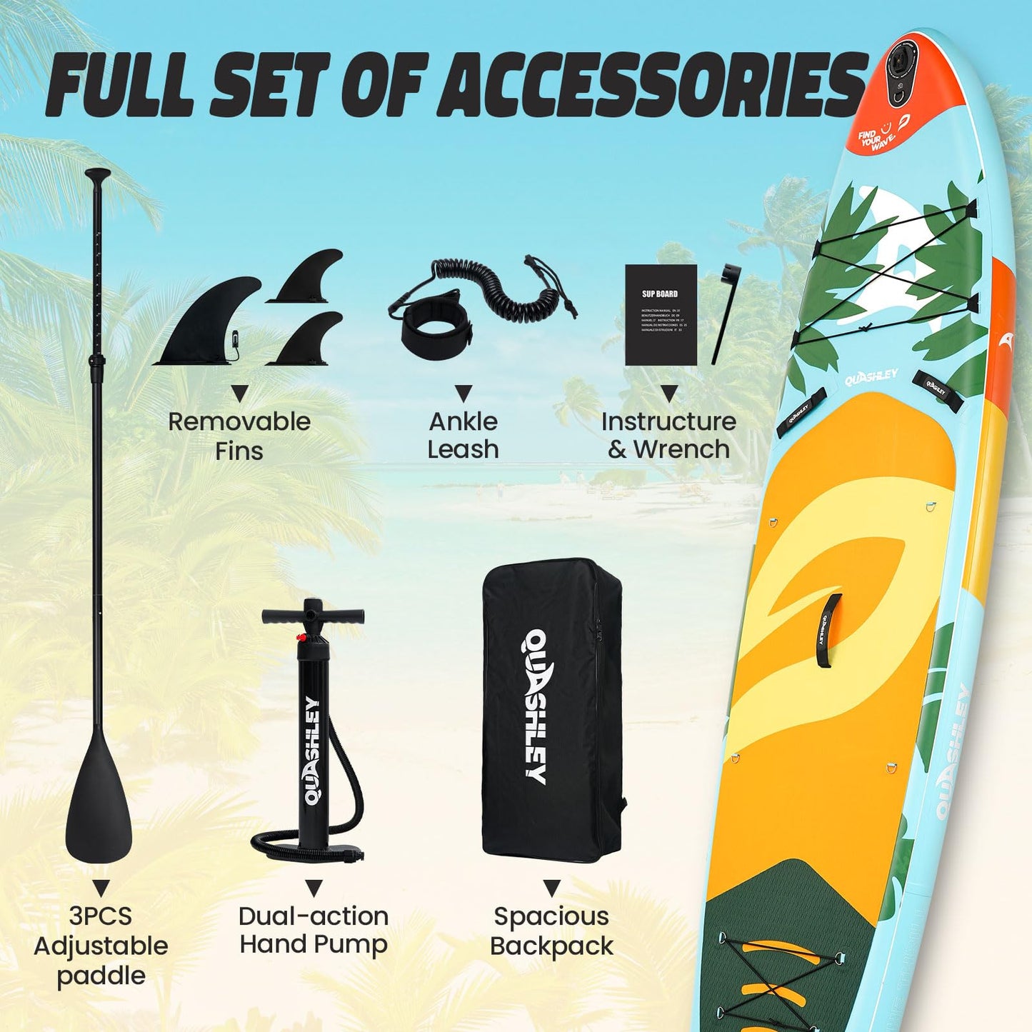 Quashley Inflatable Paddle Board 11ft?4 inch Extra Wider Stand Up Paddle Board Stable Inflatable SUP with 10L Waterproof Bag,Pump,Paddle,3 Removable Fins Leaf
