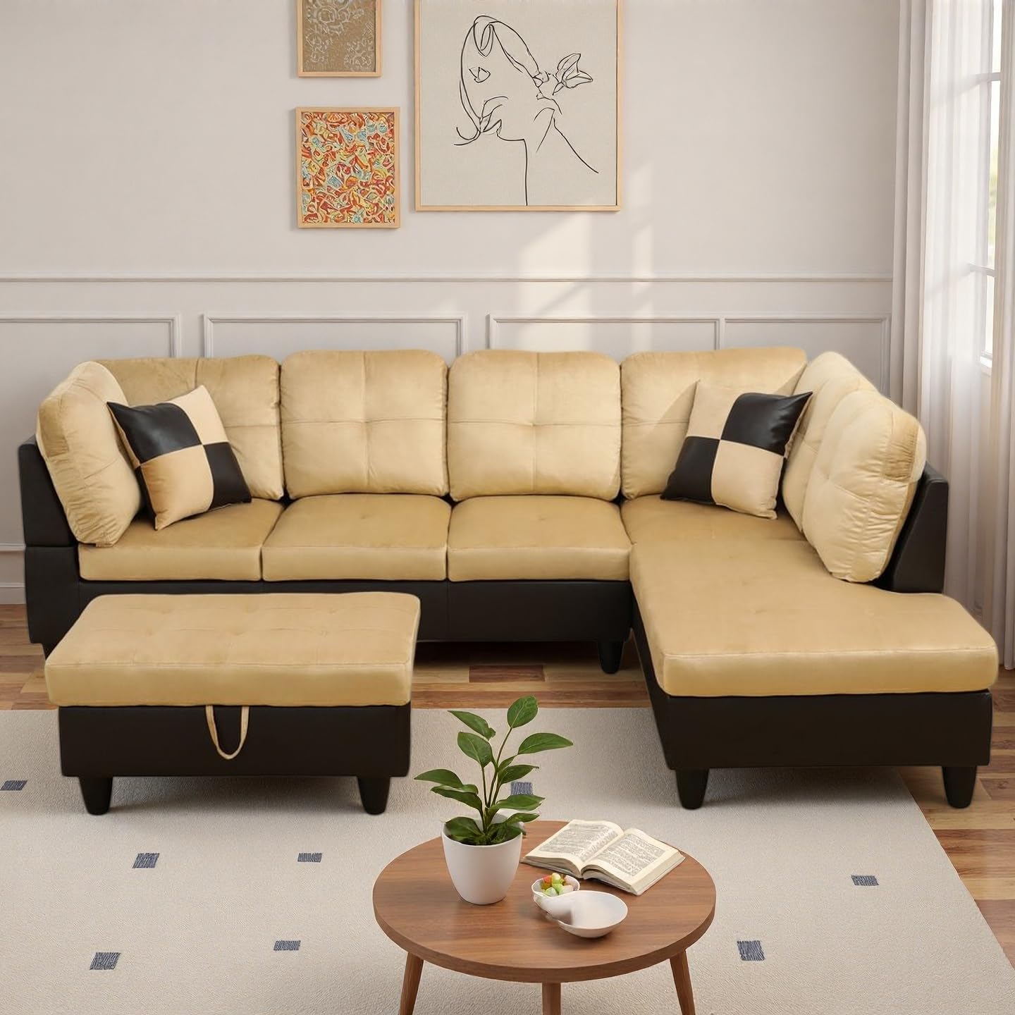 NicBex Sectional Couch 3 Pieces Sofa Set, L-Shaped Modular Couches for Living Room, Furniture Sets with Lounge Chaise & Storage Ottoman, Multi-Scene Use for Apartment & Office, Black+White