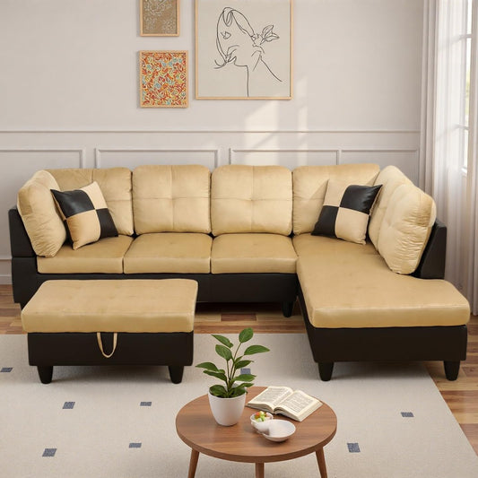 NicBex Sectional Couch 3 Pieces Sofa Set, L-Shaped Modular Couches for Living Room, Furniture Sets with Lounge Chaise & Storage Ottoman, Multi-Scene Use for Apartment & Office, Black+White