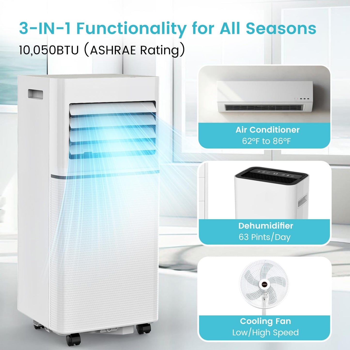 Electactic 10,050 BTU Portable Air Conditioner, 3-in-1 AC Cooler Dehumidifier Fan with LED Display, Remote Control, Quiet, Sleep Mode, 360° Casters, Window Kit for Room Office Apartment