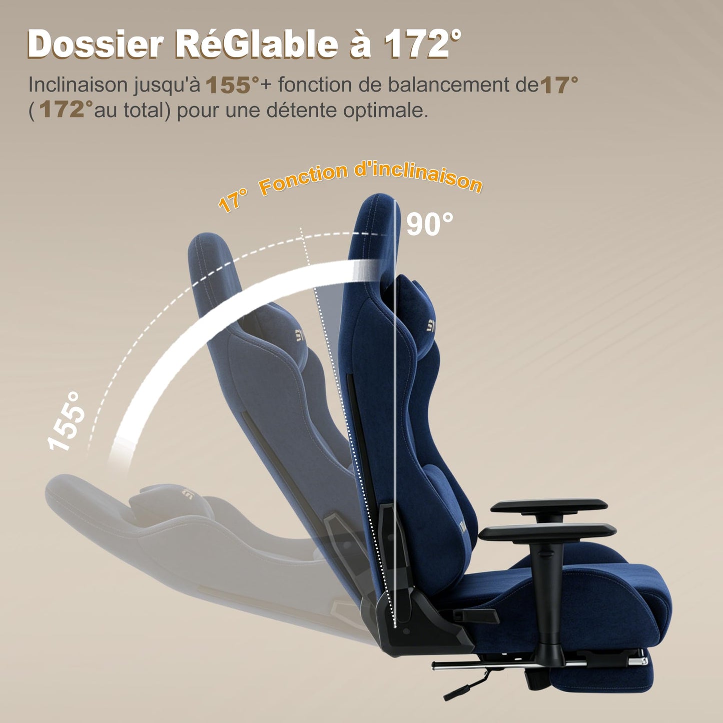 Symino Gaming Chair, Ergonomic Office Chair with 2D Armrests, 150° Recline, Breathable Faux Suede Fabric, Adjustable Headrest, Computer Desk Chair for Home Office, with Footrest, Navy