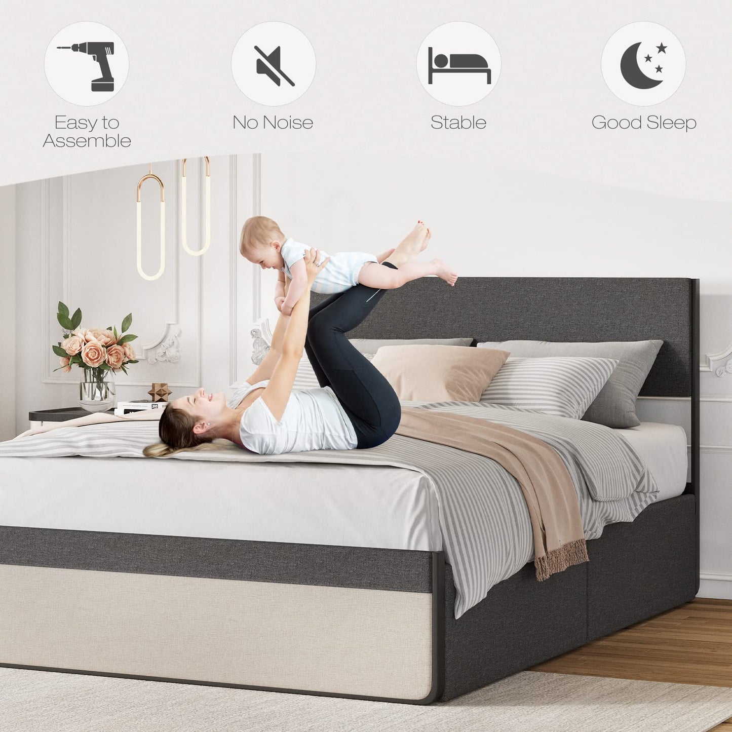 IDEALHOUSE Queen Size Bed Frame with 2 Storage Drawers, Upholstered Platform Queen Bed Frame with Headboard and Footboard, Queen Bed Mattress Foundation with Steel Slats Support, No Box Spring Needed