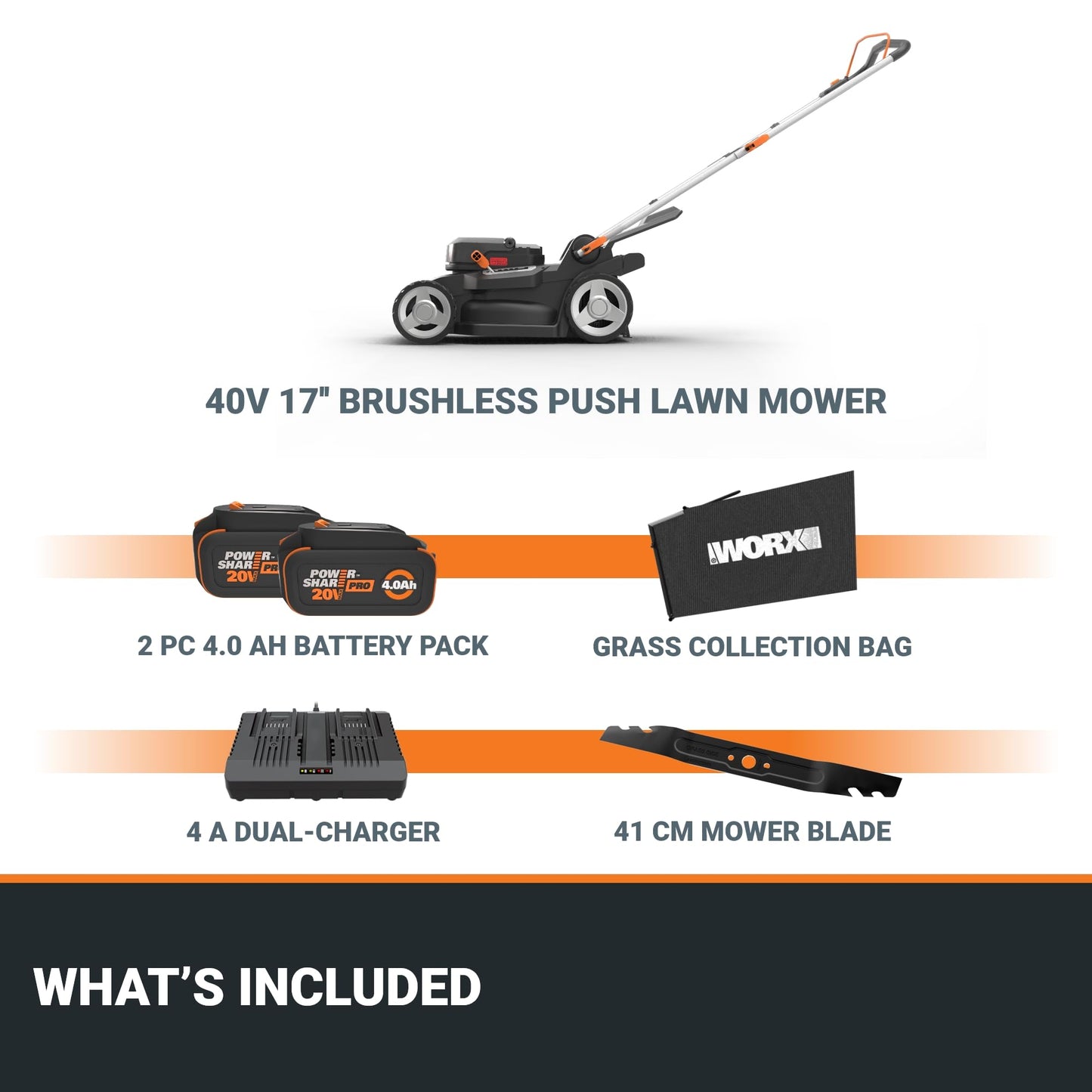 WORX Cordless Lawn Mower, 17" Electric Mower Cuts to Edge, Compact & Lightweight Push Lawn Mower with 6-Position Height Adjustment for Medium Size Yards, 2 Batteries & Charger Included, WG745