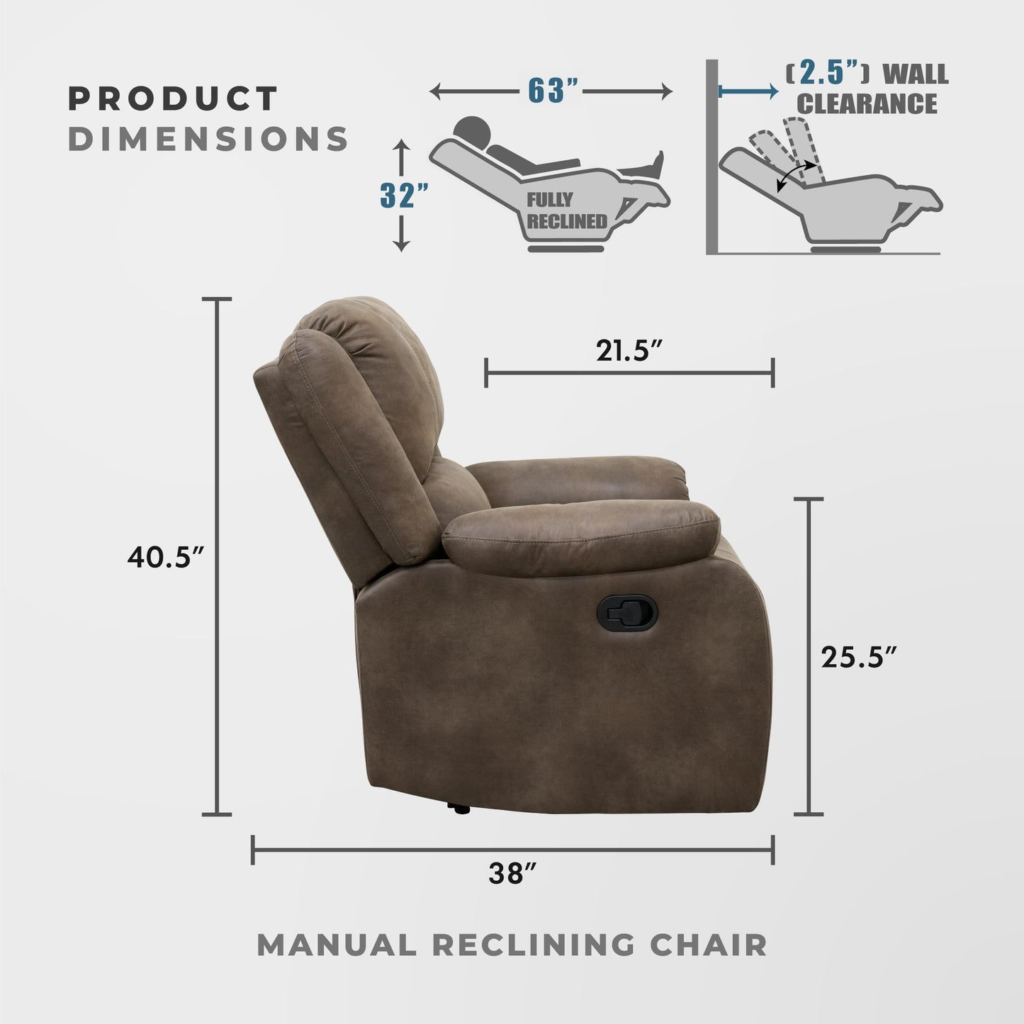 Lexicon Manual Recliner Sofa Chair, Home Theater Seating, Wall Hugger Manual Reclining Nursery Chair for Bedroom/Living Room/Office/Apartment, Brown Polished Microfiber