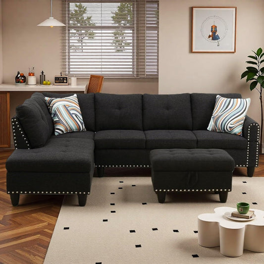 Trygoal 97" Linen 4-Seat L-Shaped Sectional Sofa with Movable Chaise & Storage Ottoman - 3-Piece Modular Convertible Couch for Living Room, Bedroom, Apartment & Office, Black Grey