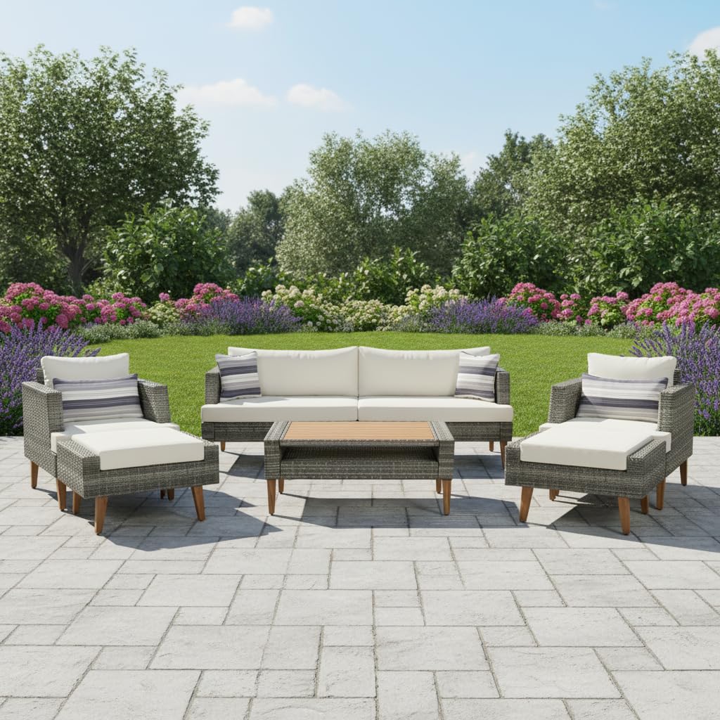 6-Piece All Weather PE Wicker Sofa Set, Outdoor Rattan Sofas with Double Cushions, Wood Legs & Table Top, Sturdy Patio Conversation Sets with Ottomans for Garden, Balcony, or Deck, Gray+Beige