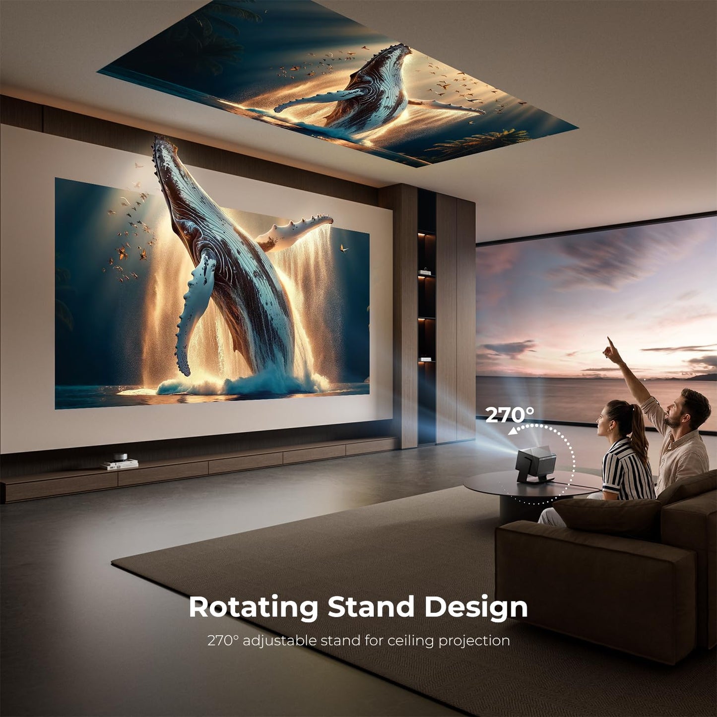 ELEPHAS Smart 4K Projector with WiFi and Bluetooth - Compatible with Prime Video/YouTube, 270° Rotatable, AI Auto Focus & Keystone, Portable Home Theater Movie Projector for Indoor Outdoor