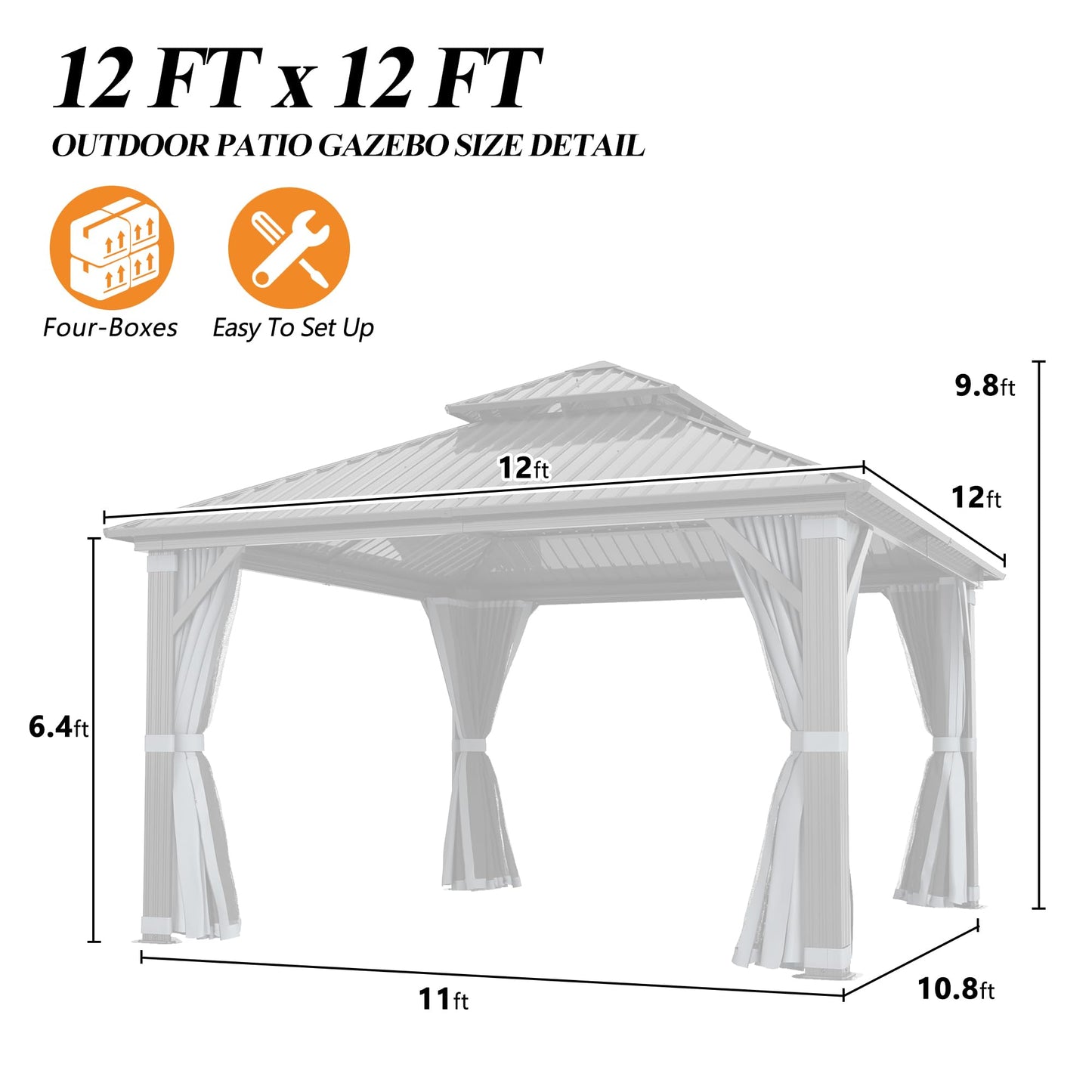GARTOO 12'x12' Outdoor Hardtop Gazebo with Double Roof - Heavy-Duty Galvanized Steel Top Aluminum Frame Gazebo with Breathable Netting & Privacy Curtain for Patio, Porch, Garden, Lawn, Deck, Backyard