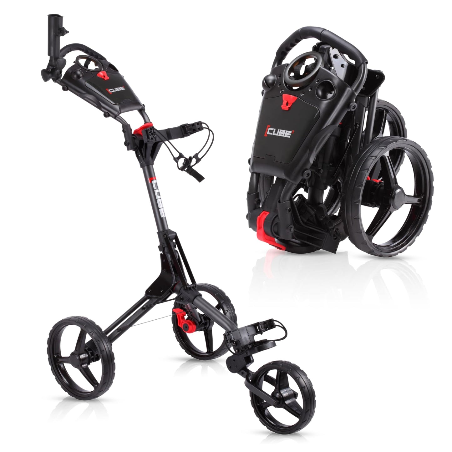 CUBE CART 3-Wheel Golf Push Cart – Ultra-Compact 14.5 lb Folding Golf Trolley, Two-Step Fold, Adjustable Handle, Foot Brake, Umbrella Holder & Built-in Storage - Charcoal/Black