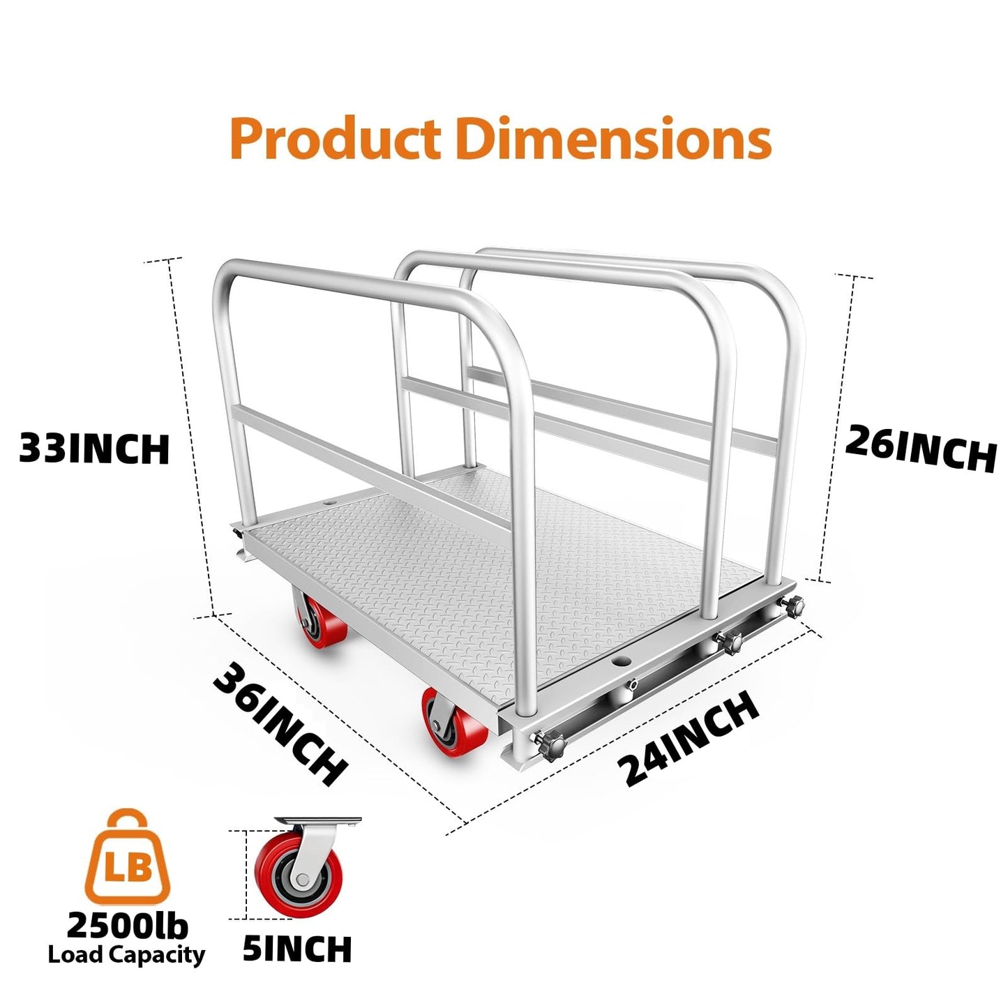 Steel Panel Truck Cart, Platform Truck, Heavy Duty Lumber Drywall Dolly, Flatbed with 2500 lbs Capacity and 4 Swivel Casters, 36x24inch Steel Board with 3 Side Handrails