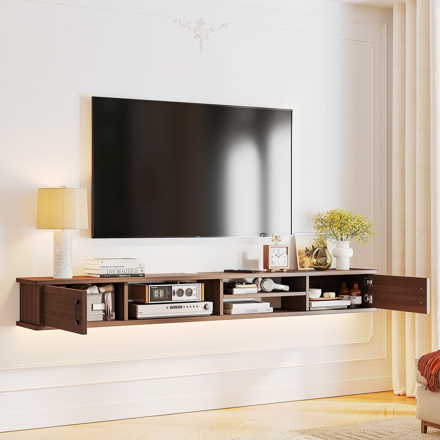 FurniNova Floating TV Stand,51'' Wall Mounted TV Console,Floating TV Shelf,Wall TV Cabinet,Floating Entertainment Shelf,Walnut