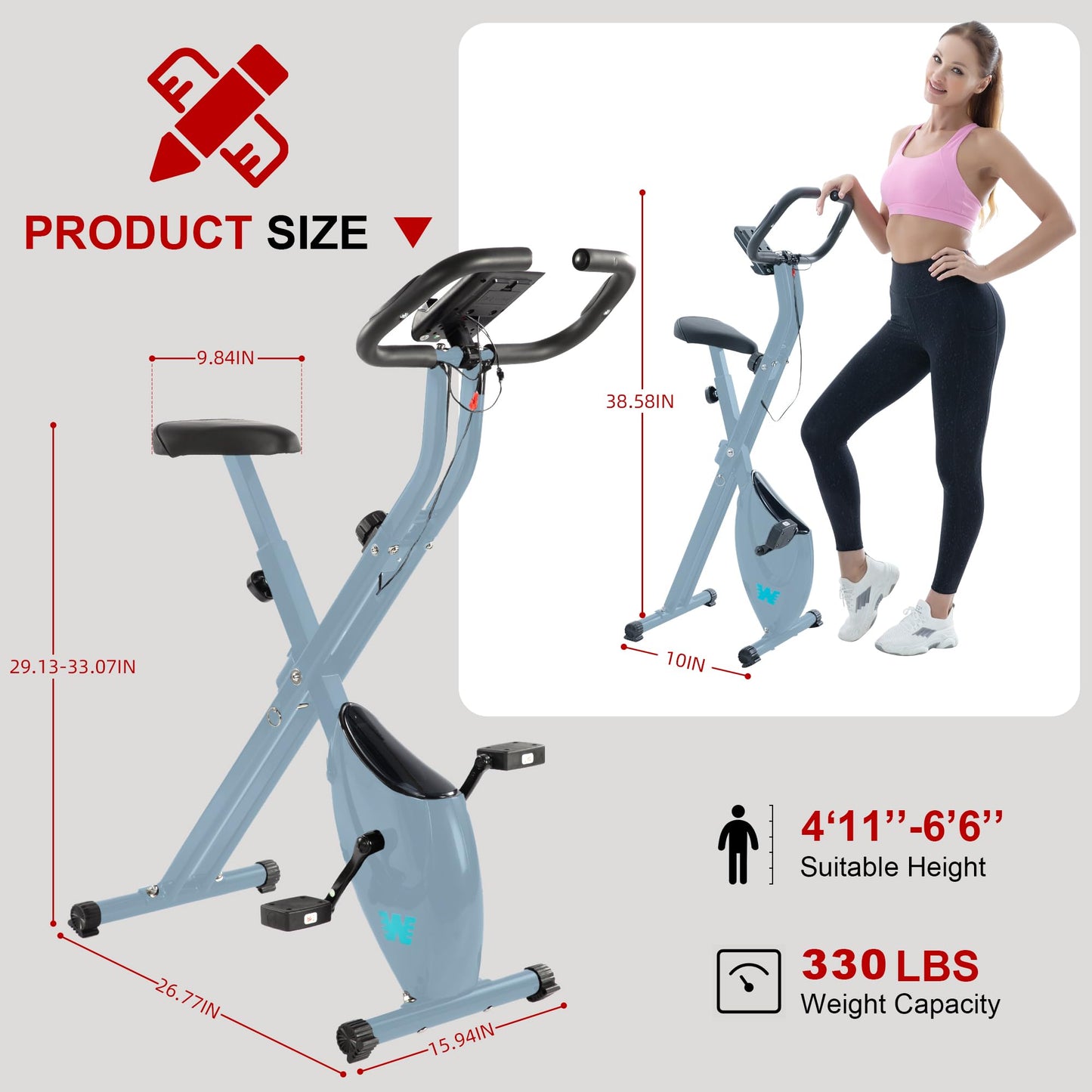 BARWING Folding Exercise Bike Stationary Bikes for Home，3 in 1Exercise Bikes for Seniors, Indoor Workout Bike Cycling Bike with 16-Level Adjustable Resistance,330LB Capacity(Grey)