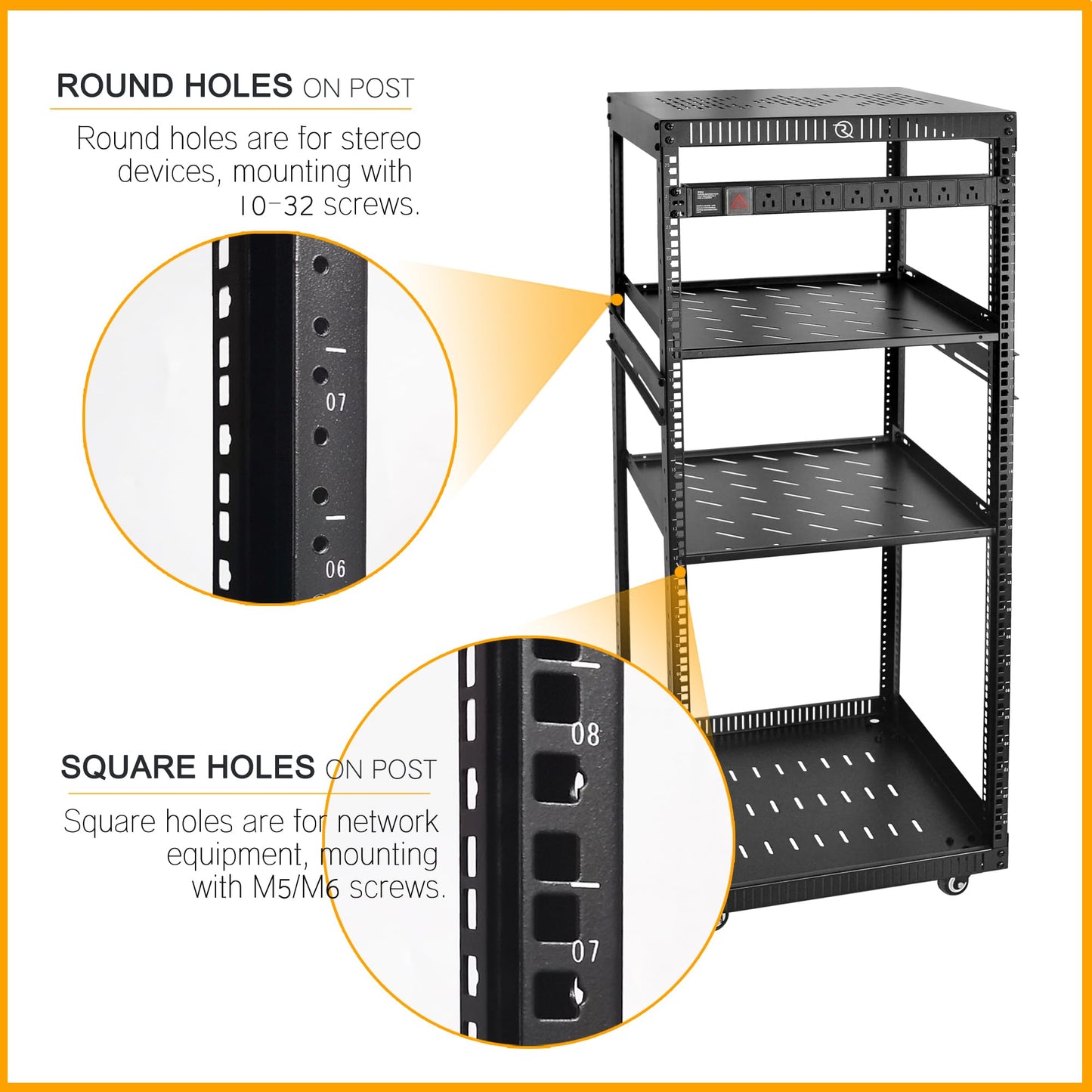 RIVECO 25U Network Rack with Reinforced Top Cover - 4 Post Floor Rack on Wheels for 19" Equipment & Stereo Gear- Including Mount Power Strip & 2PCS 1U Shelves