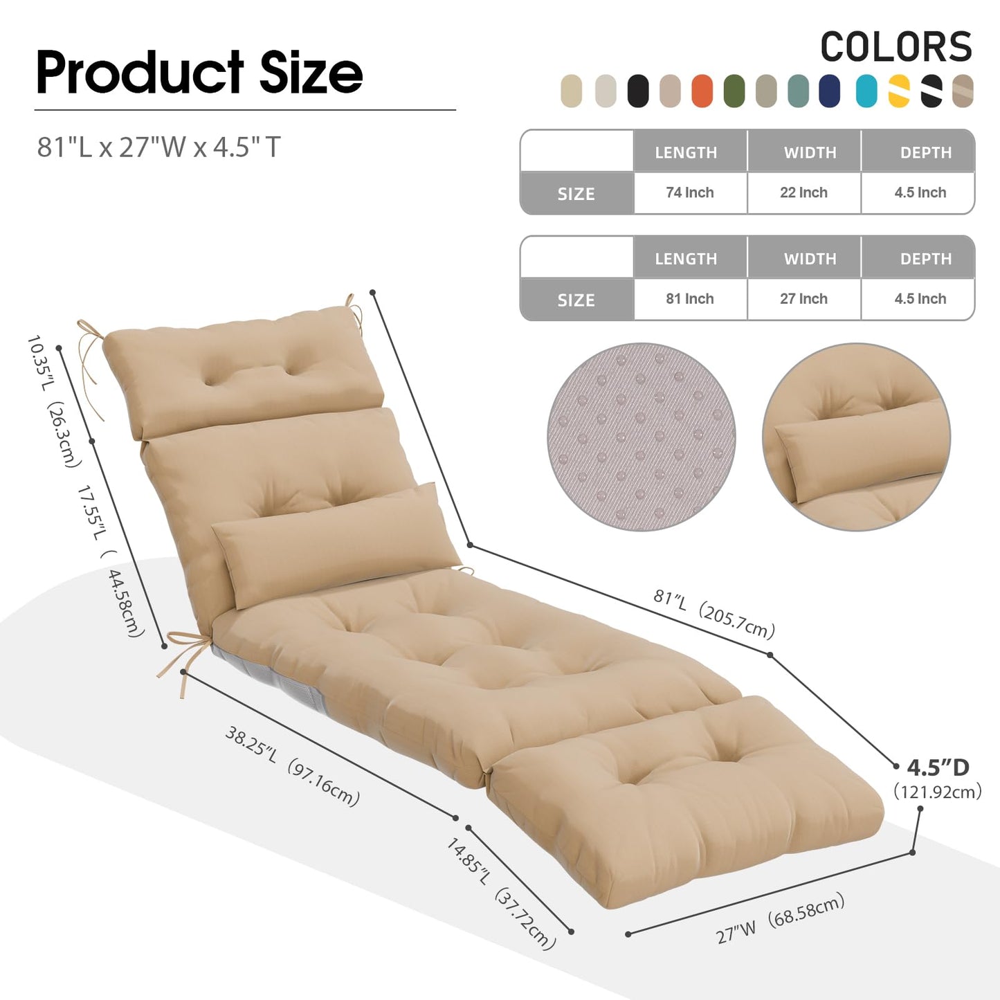 Outdoor Lounge Chair Cushions Set of 2 with Pillow, Olefin Waterproof and Fade Resistant Patio Pool Chaise Lounge Cushions Replacement for Indoor Furniture with Ties, 81 x 27 x 4.5 Inches, Beige