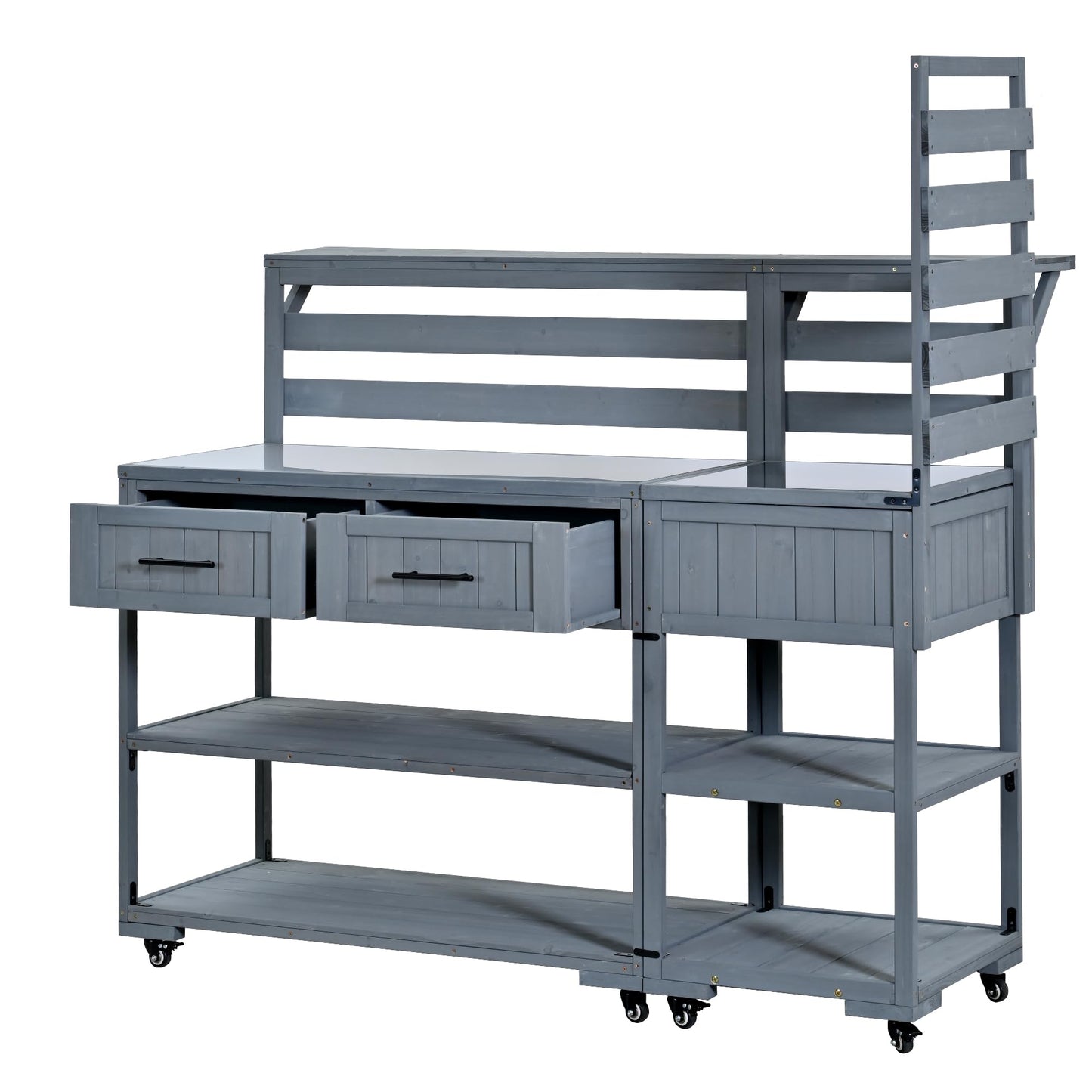 GDFStudio Elshire Patio Kitchen Island Cart with Storage, Wooden Outdoor Storage Cabinet with Stainless Steel BBQ Prep Table Top, Drawers, Raised Shelf and Lockable Wheels, Garden Potting Bench, Gray