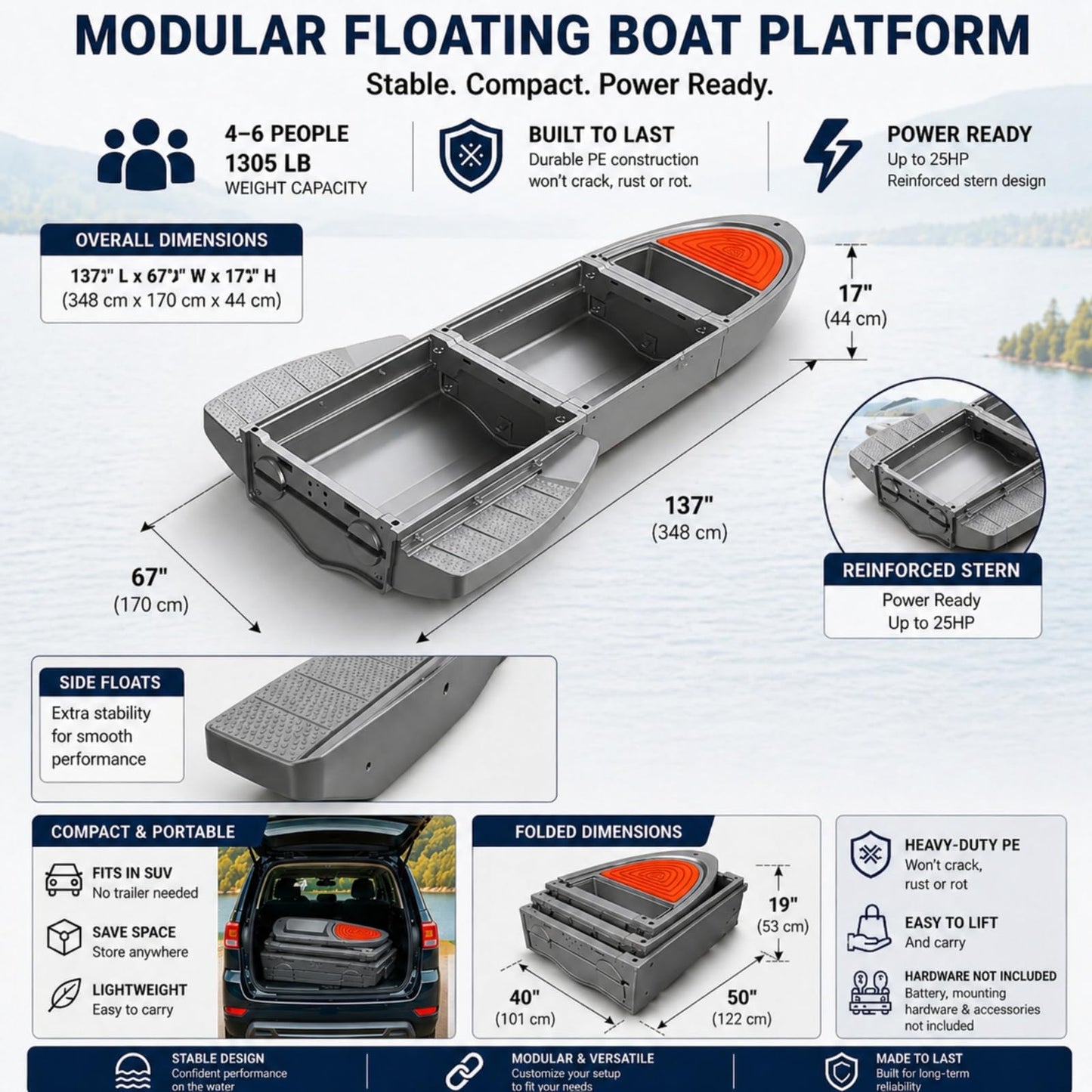 Artigree B1 Portable Boat, Upgraded Pontoon Boat - Modular Fishing Kayak with Integrated Fish Box, 1036 lb Load Capacity, 4-6 Persons - Suitable for Fishing, Rowing, Ferrying, Utility Work (Pro, Gray)