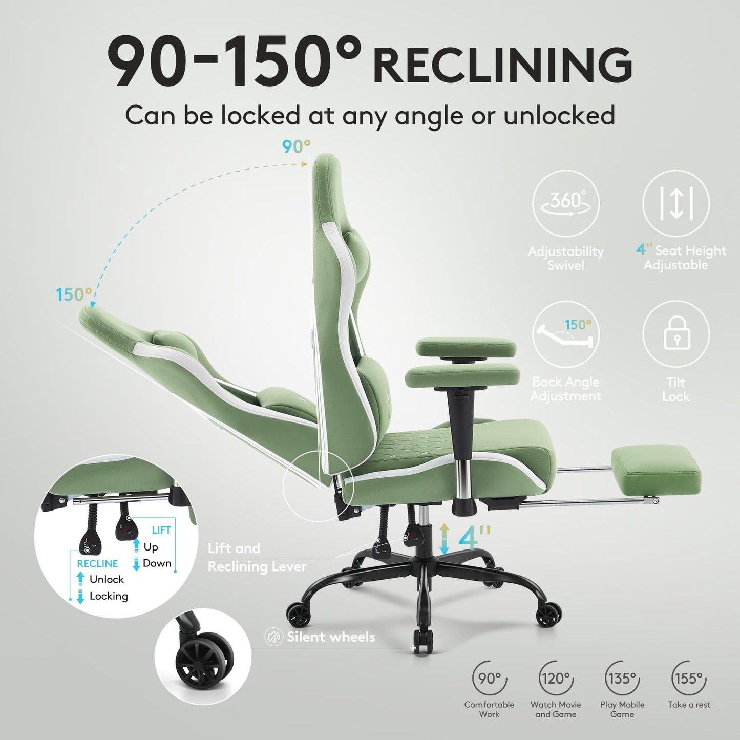 Morkprism Gaming Chair Breathable Fabric,Computer Office Chair with Footrest,Massage Lumbar Support and Gel Pad,Ergonomic Reclining Gamer Chair with Adjustable Armrests and Spring Cushion Green