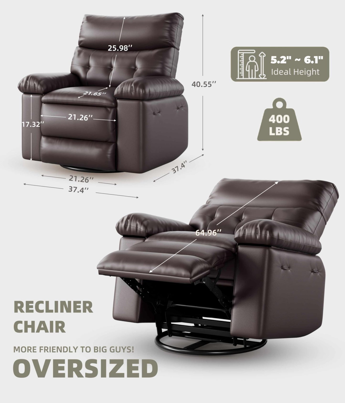 GarveeHome Oversized Leather Recliner Chair - Heat and Massage, Swivel Rocker Manual Recliner for Adults, Lazy Rocking Chair with Comfort Arms and Back Single Sofa for Living Room
