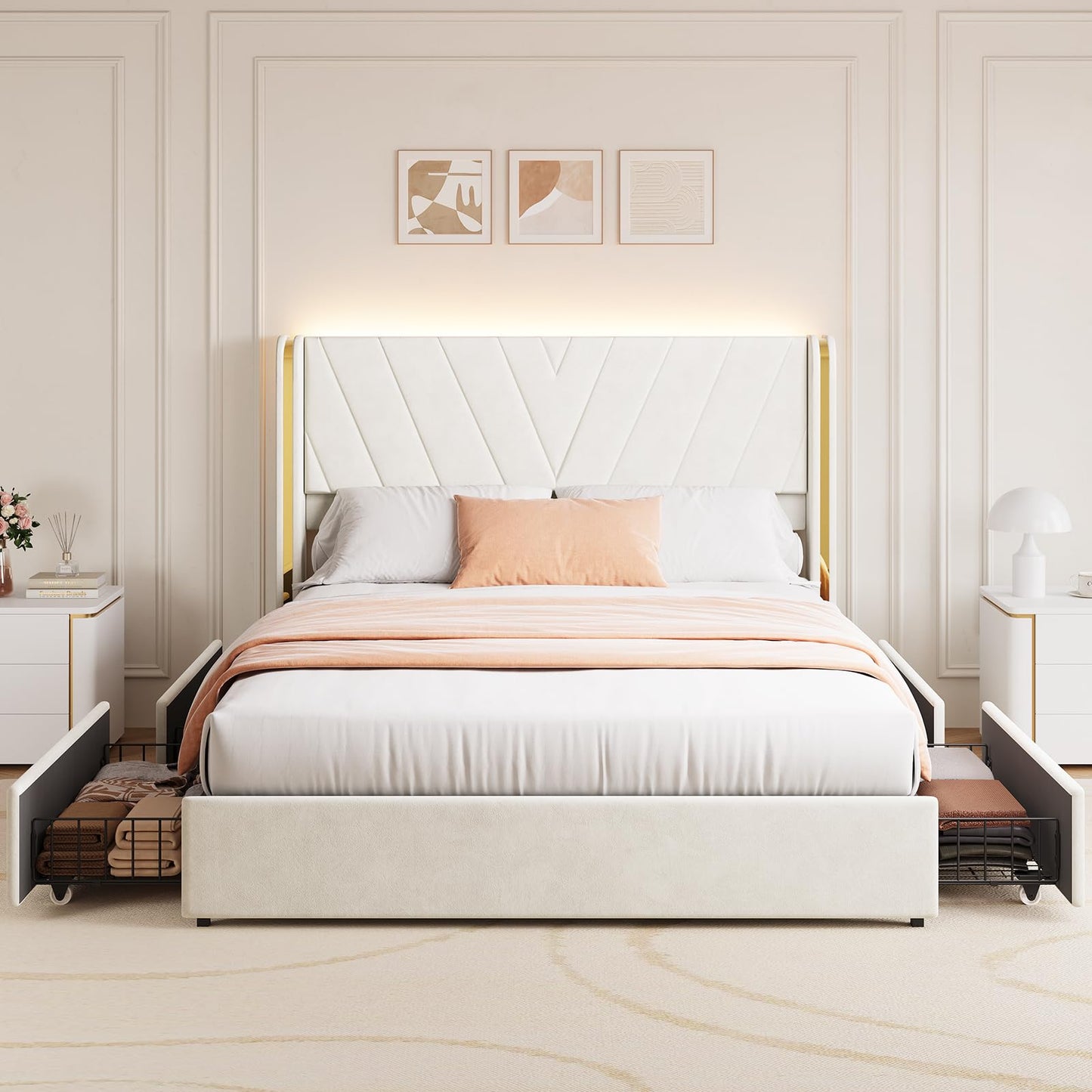 Full Upholstered LED Bed Frame with 4 Storage Drawers, Full Size Bed Frame with RGB LED Lights, Velvet Platform Bed Frame with Wingback Headboard, No Box Spring Needed, Noise Free, Easy Assembly