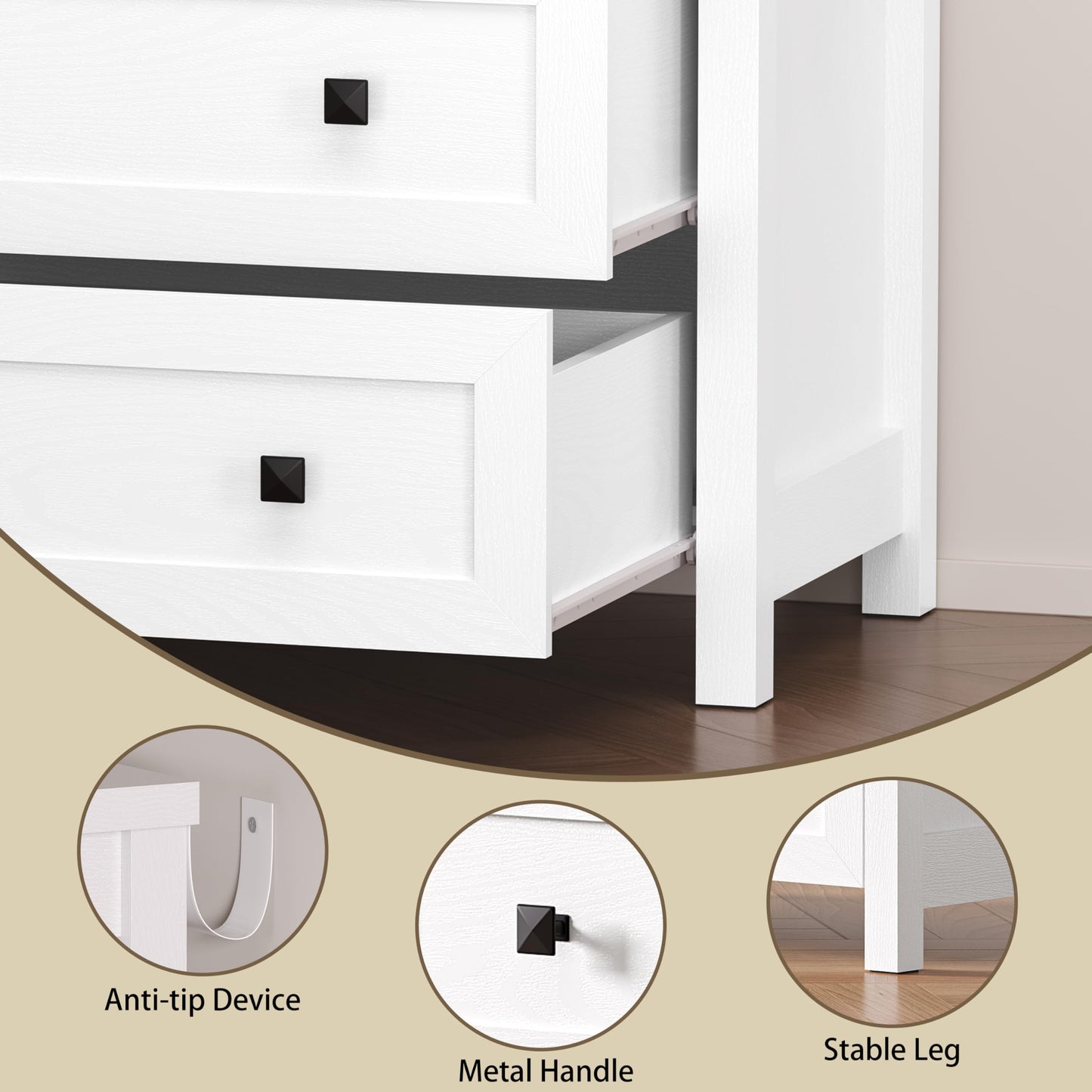 BORNOON 3-Drawer Night Stand Set of 2, Modern Bedside Table Dresser with Metal Handles, Sturdy Wooden End Side Table Storage Cabinet with Anti-Tipping Design for Bedroom
