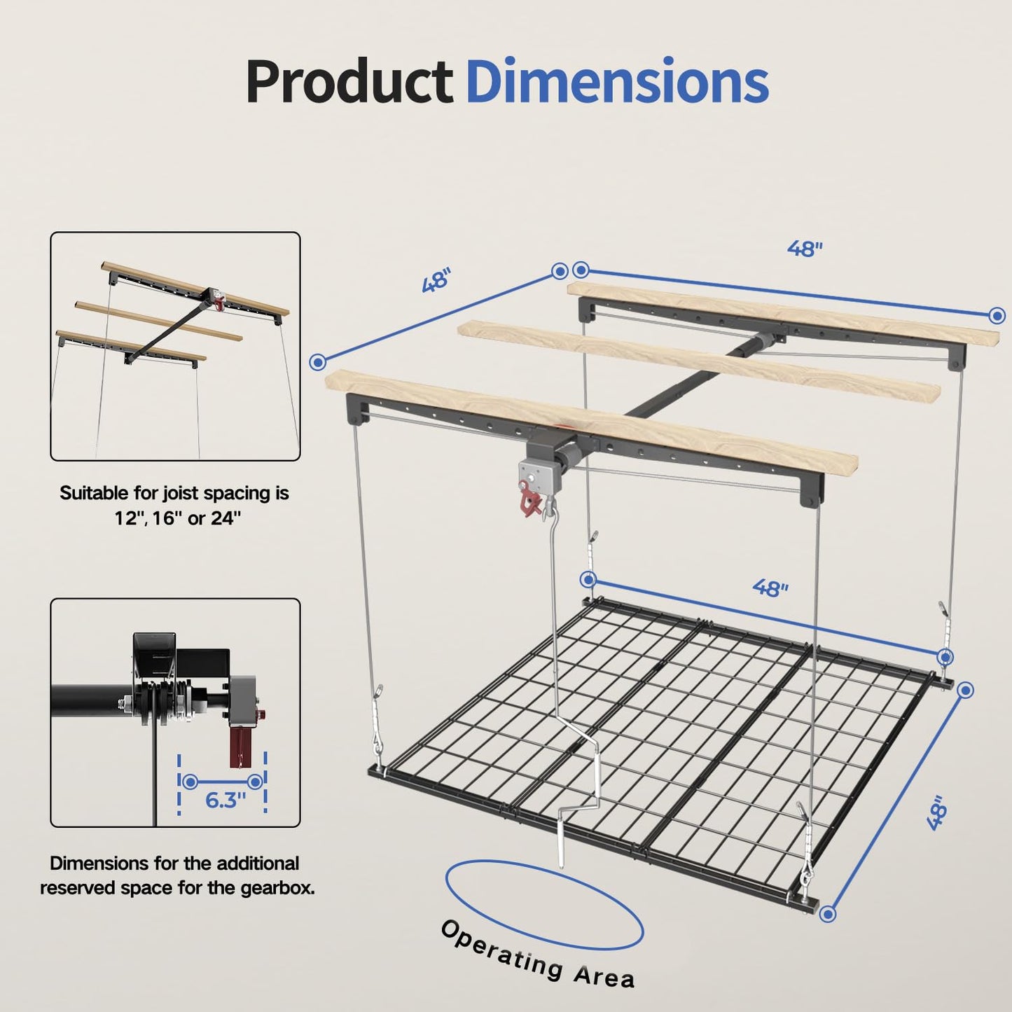 KOKORACKER Overhead Garage Storage Lift, Adjustable Heavy-duty 4x4 Ft Ceiling Racks with Safety Lock, Ideal for Storage Lifting Organization System, 250lbs Capacity