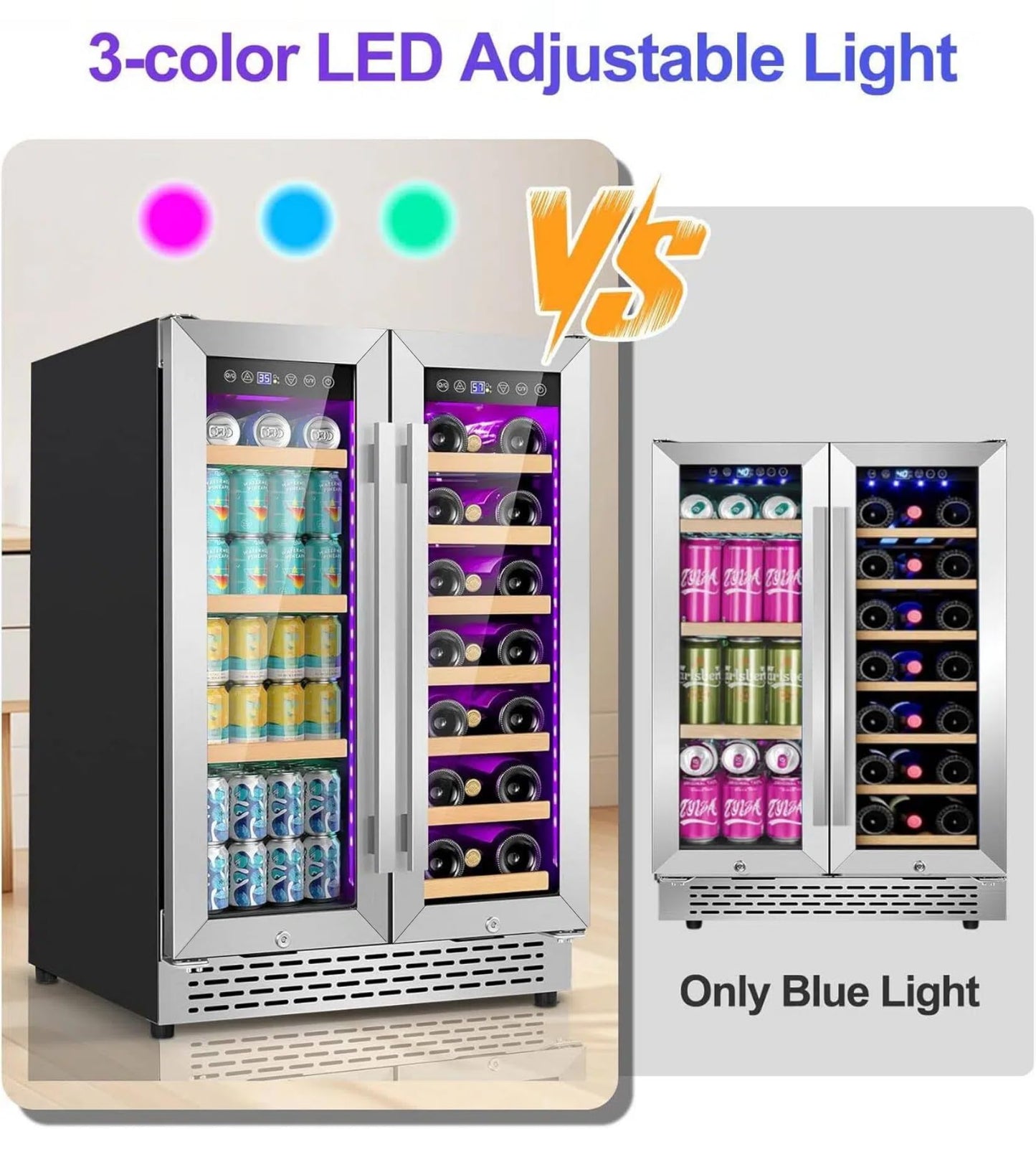 24 Inch Wine and Beverage Refrigerator, 90 Can & 21 Bottle Dual Zone Under Counter or Freestanding Wine Beverage Cooler, 3 LED Stainless-Steel Fridge with Glass Door Fast Cooling for Home/Kitchen