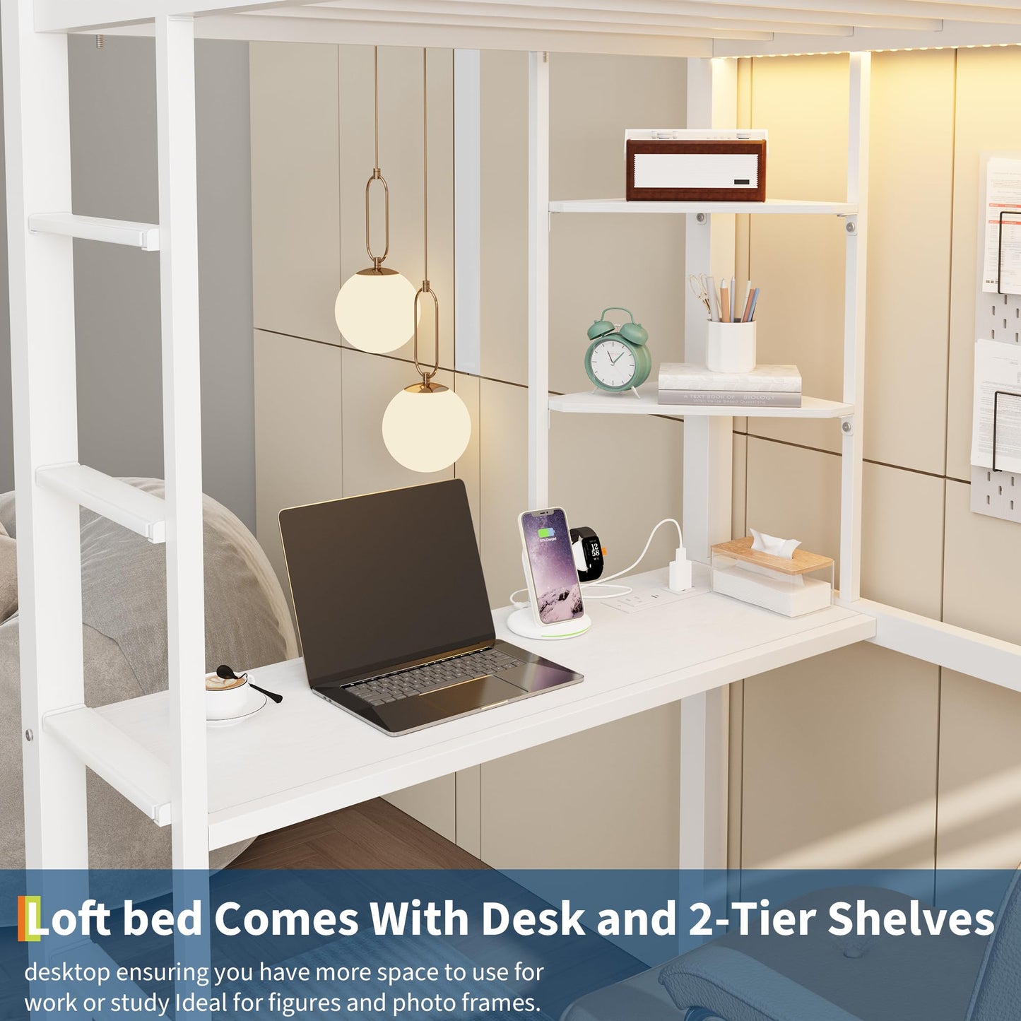 Twin Size Loft Bed with Desk, 4 Large Fabric Drawers and Open Shelves, Heavy Duty Metal Loft Bed with LED Lights, Power Outlets, Safety Guardrails & Ladder, Space Saving, No Box Spring Needed, White