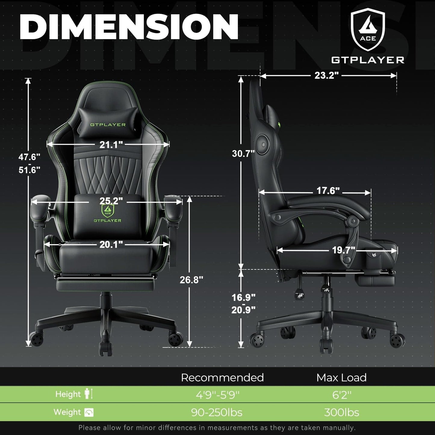 GTPLAYER ACE-PRO Music Gaming Chairs – Built-in Speakers, App Support & Bluetooth Control, Computer Game Chairs with Footrest for Adults, Ergonomic, Reclining, Linkage Armrest, Black & Green Stitch