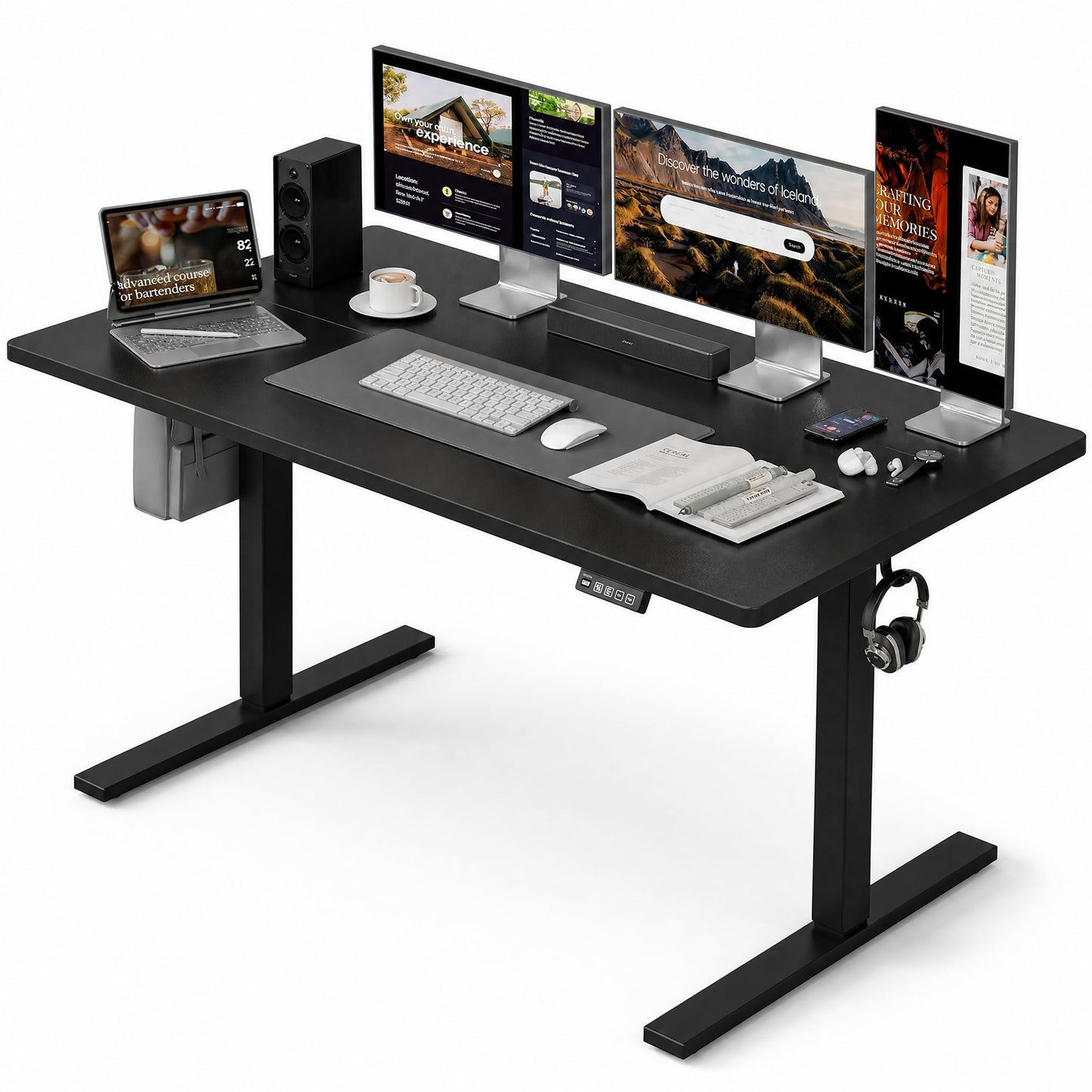 Grandder 55x32 Large Electric Standing Desk, Height Adjustable Computer Desk with 2 Memory Presets, 31.5" Deep Desktop Sit Stand Desk Home Office Desk Workstation Table with Hooks, Black