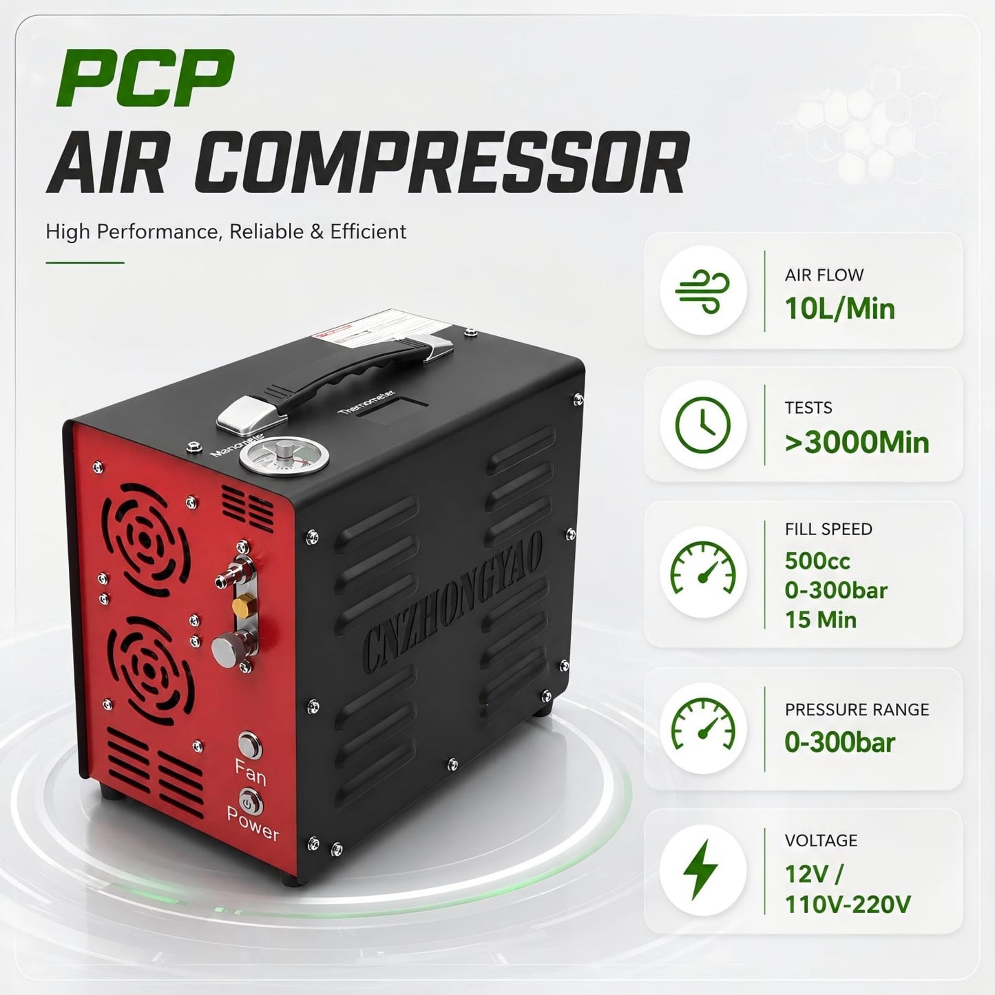 PORTAIR 4500PSI Portable HPA Compressor,Auto-Stop, Oil/Water-Free, Built-in Power Converter PCP Air Compressor for Air Rifle, Scuba Tank, Powered by Car Battery 12V DC or Home 110V AC (Black)