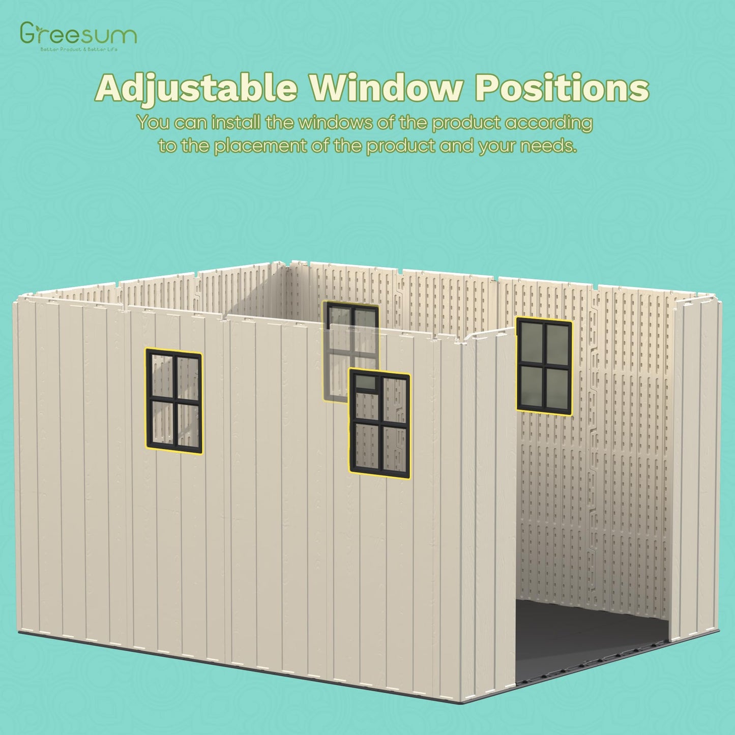 Greesum 8×10 FT Plastic Outdoor Storage Shed with Floor, Resin Sheds with Window and Lockable Door, Weather Resistant Organization, Easy Assemble for Garden, Lawn, Pool Supplies, Beige