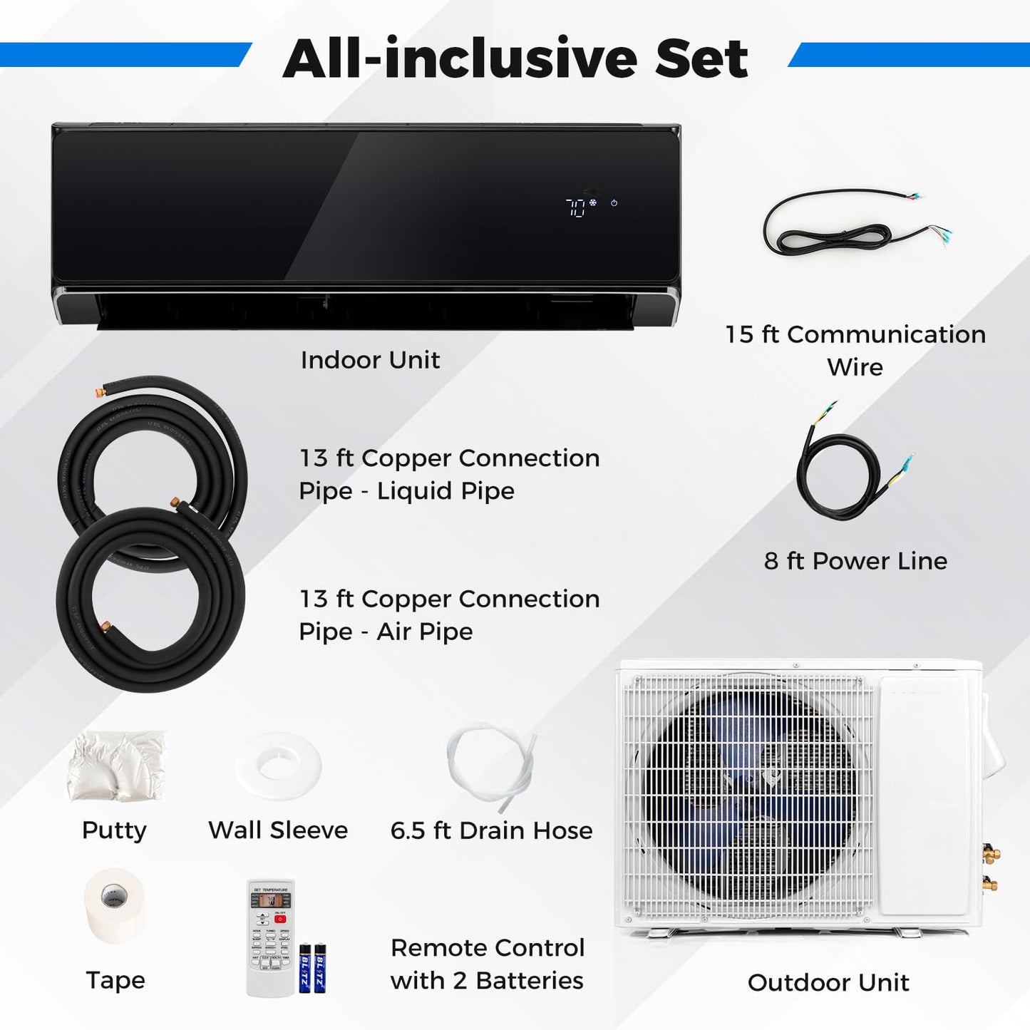 GLACER 12000 BTU Mini Split Air Conditioner & Heater, 22 SEER2 Inverter AC Unit Cools Up to 750 Sq. Ft, Wall-mounted Tubeless Split-System with Mounting Kit (Black, 12000BTU, 208-230V, 22 SEER2-WIFI)