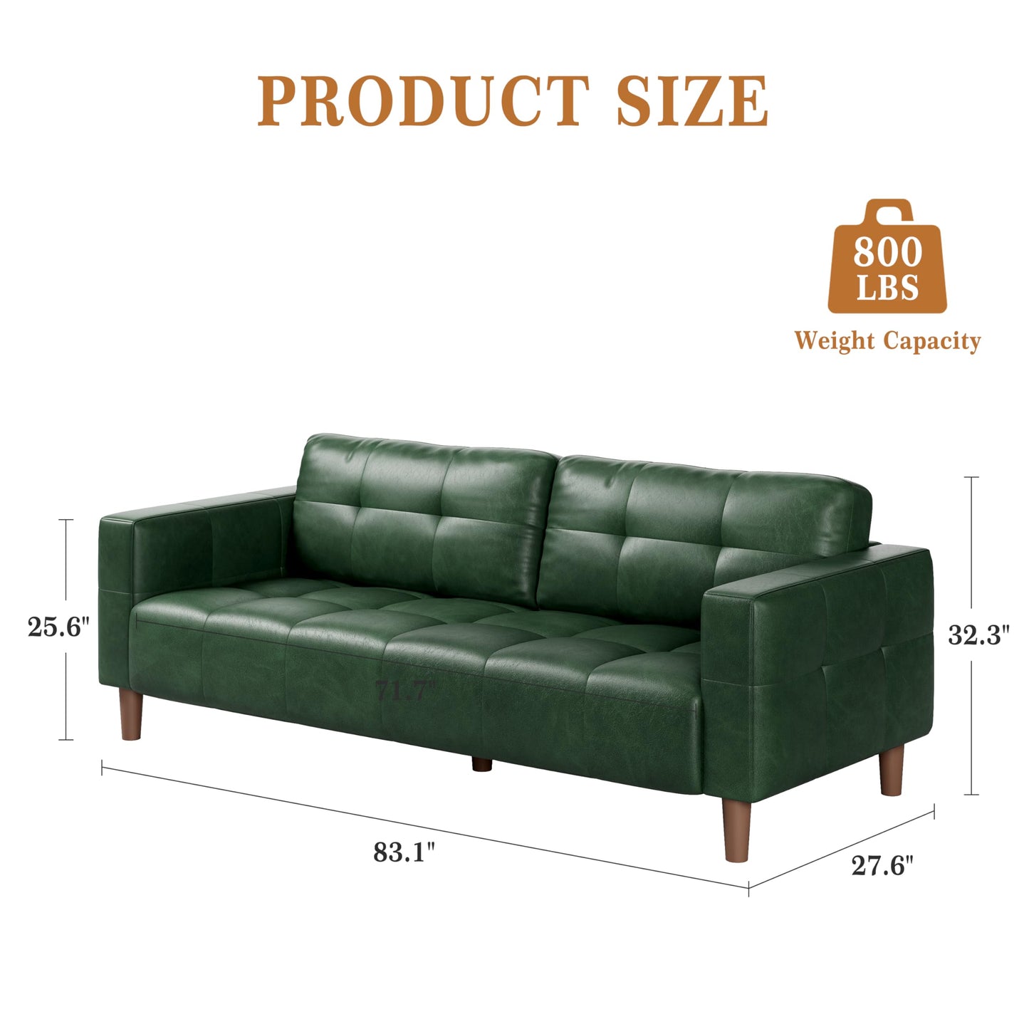 GarveeHome 3-Seater Sofa Couch, 83 in Wide Faux Leather Sofa Couch with Spring Cushion, Modern Sofa with Deep Seats and 2 Removable Back Cushions, for Living Room, Bedroom, Apartment, Office, Green