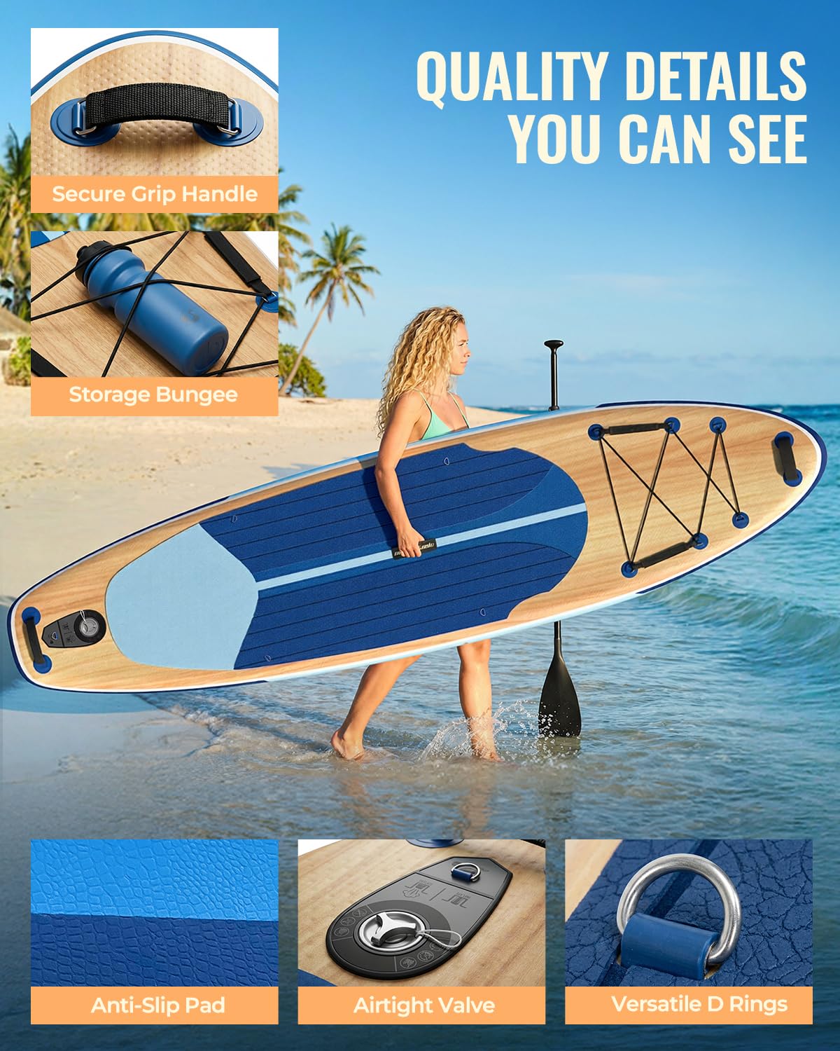 Marsdorgan 11' Inflatable Paddle Board Light Oak w/Seat | Extra Wide SUP Non-Slip for Adults Youth | Stable for Lake Ocean, 2-Blade Paddle + 10L Dry Bag Included