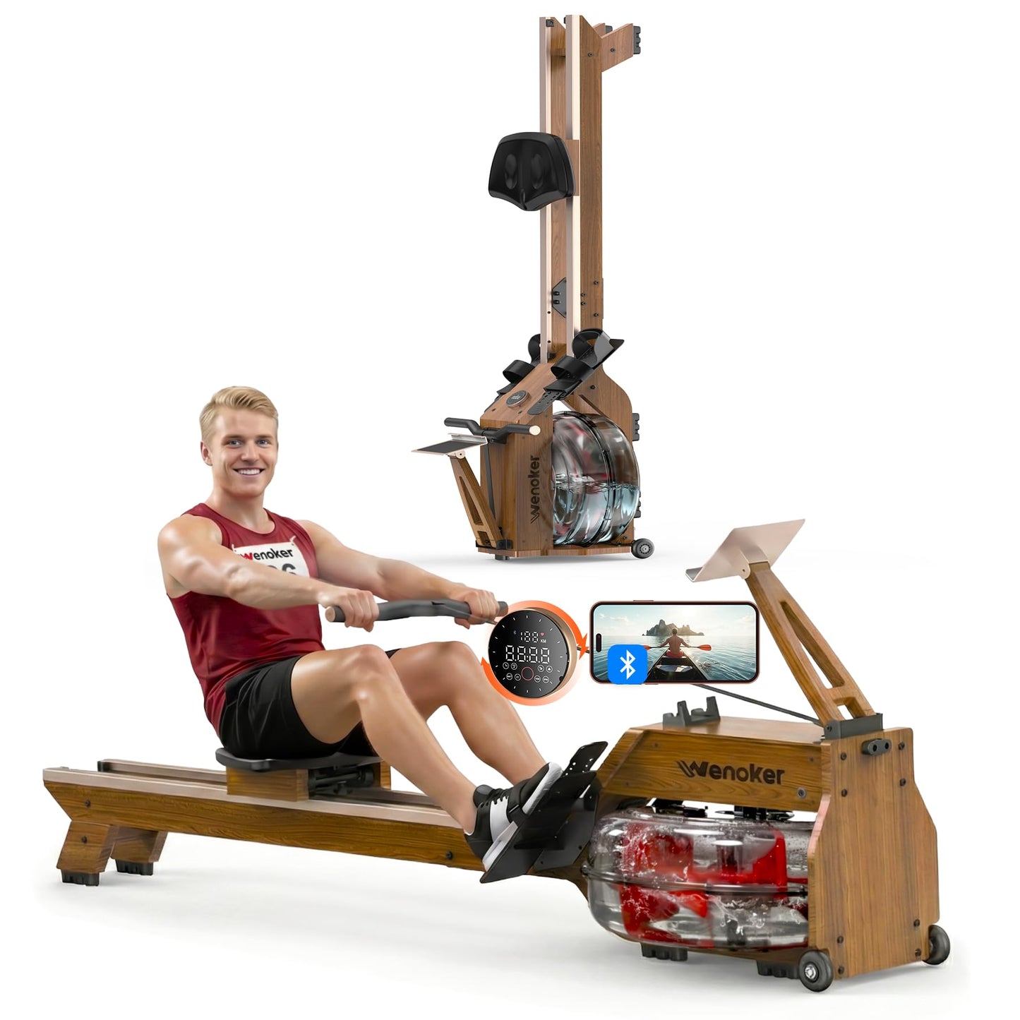 Water Rowing Machines for Home Use, WENOKER Rower Machine with Smart Electronic Knob,Wooden Row Machine with Comfortable Seat& LCD Monitor, Bluetooth App Compatible for Home Gym Exercise 400 LBS