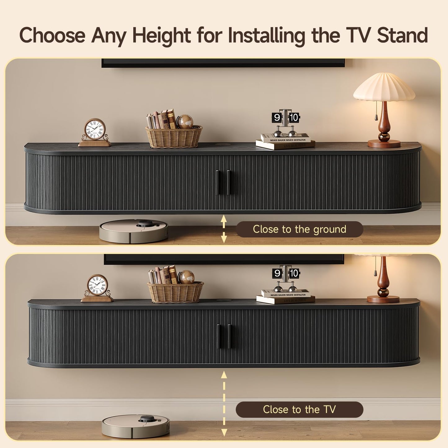63" Floating TV Stand with Power Outlet for TVs up to 75", Fluted Entertainment Center with Remote Control for LED Lights, Mid-Century Modern TV Console w/Sliding Door for Living Room, Bedroom Black