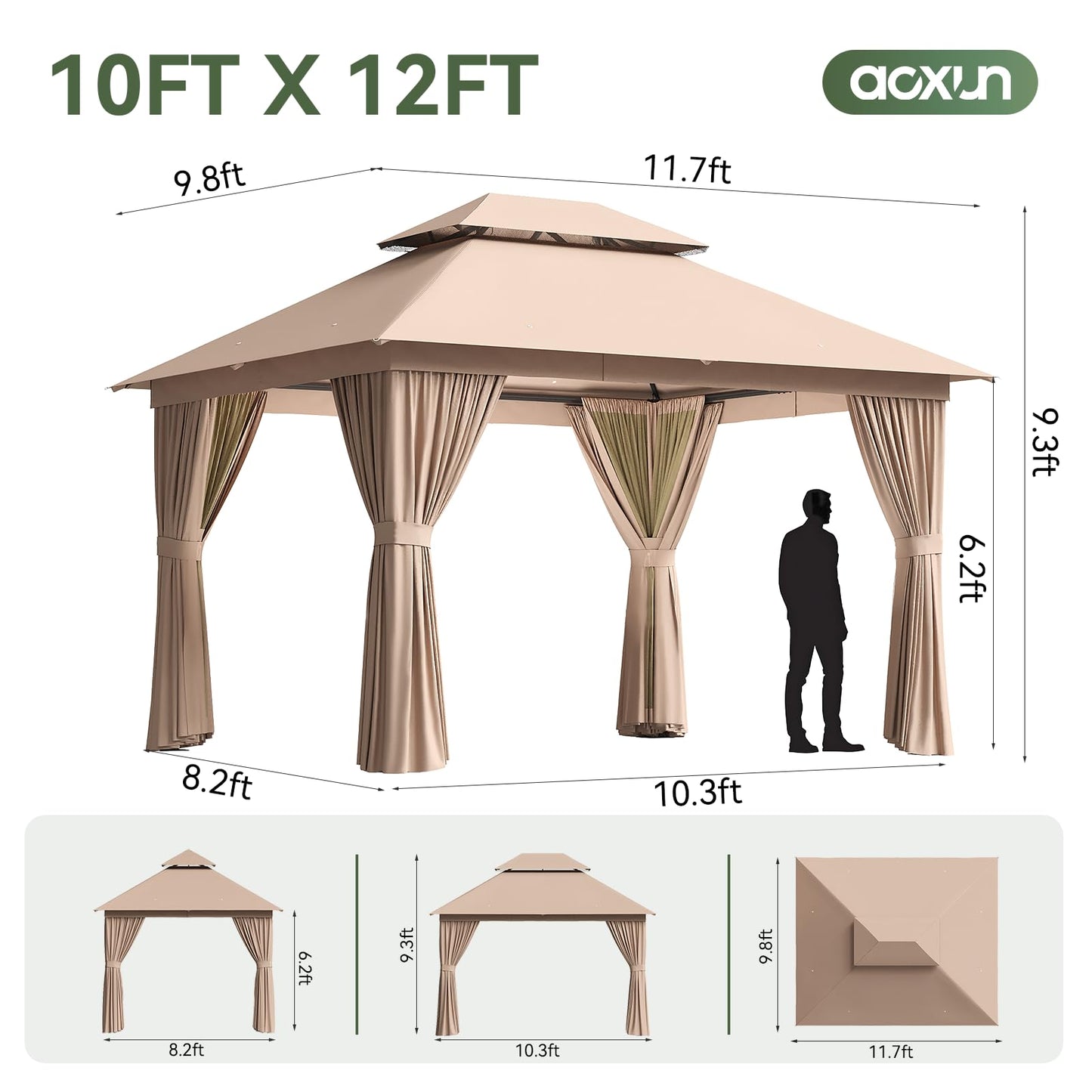 Aoxun 10x12 Outdoor Gazebo with 50FT LED Hanging Lights Metal Frame Canopy with Double Roofs Heavy Duty Party Tent Shelter with Mosquito Netting and Privacy Screen for Backyard, Lawn, Garden(Khaki)