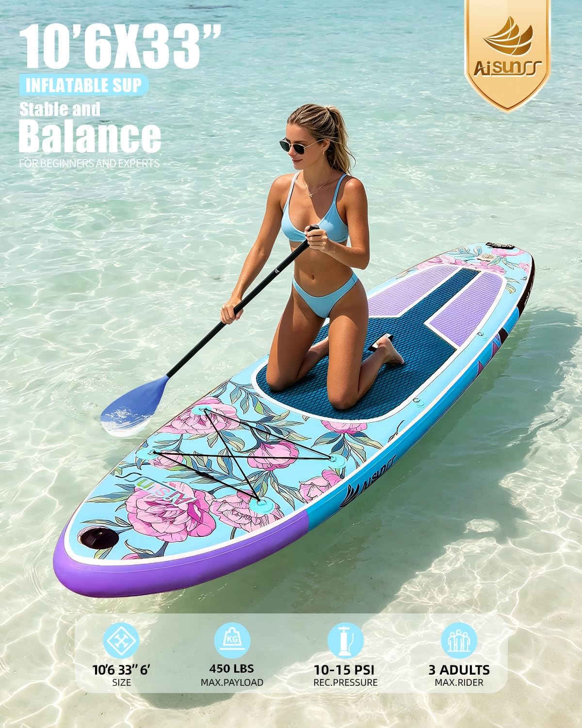AISUNSS 10.6’ Inflatable Stand Up Paddle Board, 33’’ Wide Stance Paddle Boards with Premium Paddleboard Accessories, Double Action Pump, Removable Fin for Youth & Adults (Flowers Blue)