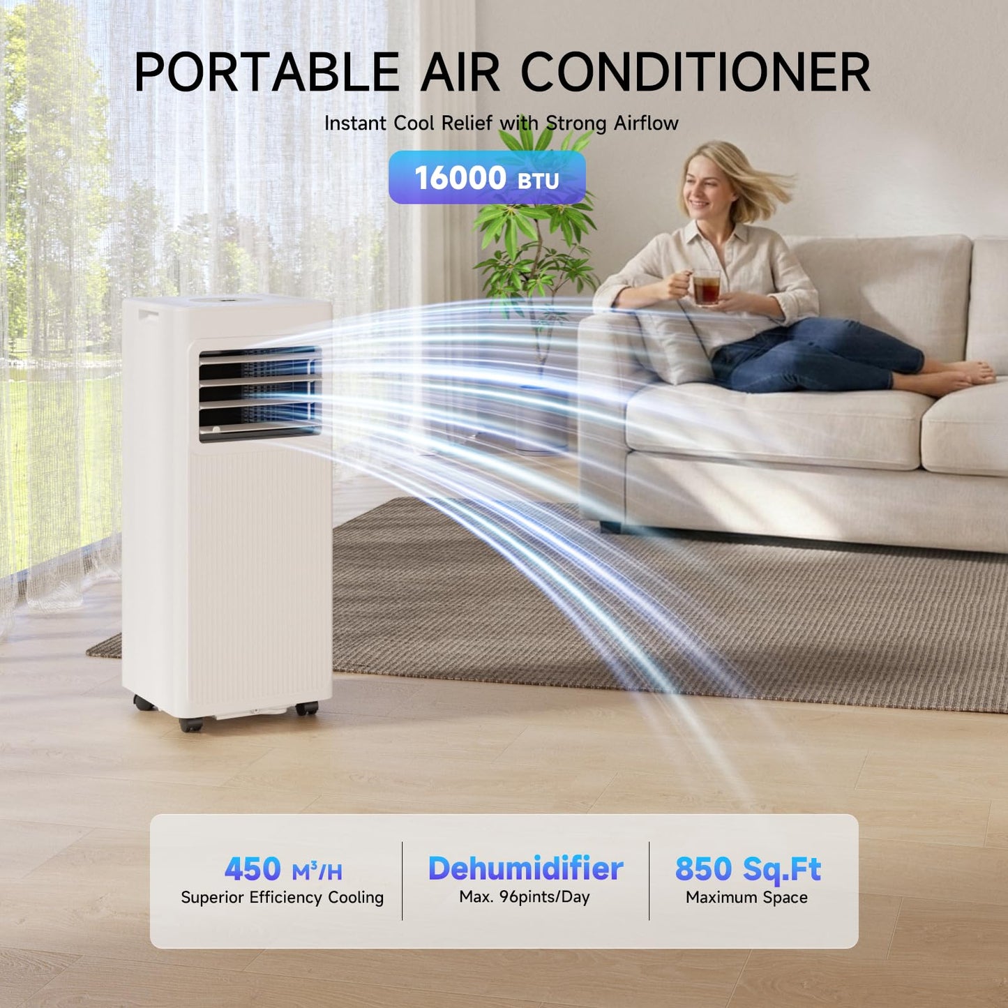 Portable Air Conditioners 16,000 BTU 5-in-1 Air Conditioner Portable Up to 850 Sq.Ft., Portable AC Unit with Cool, Fan, Dehumidifier, 24H Timer, Sleep Smart WiFi Remonte Installation Kit Included