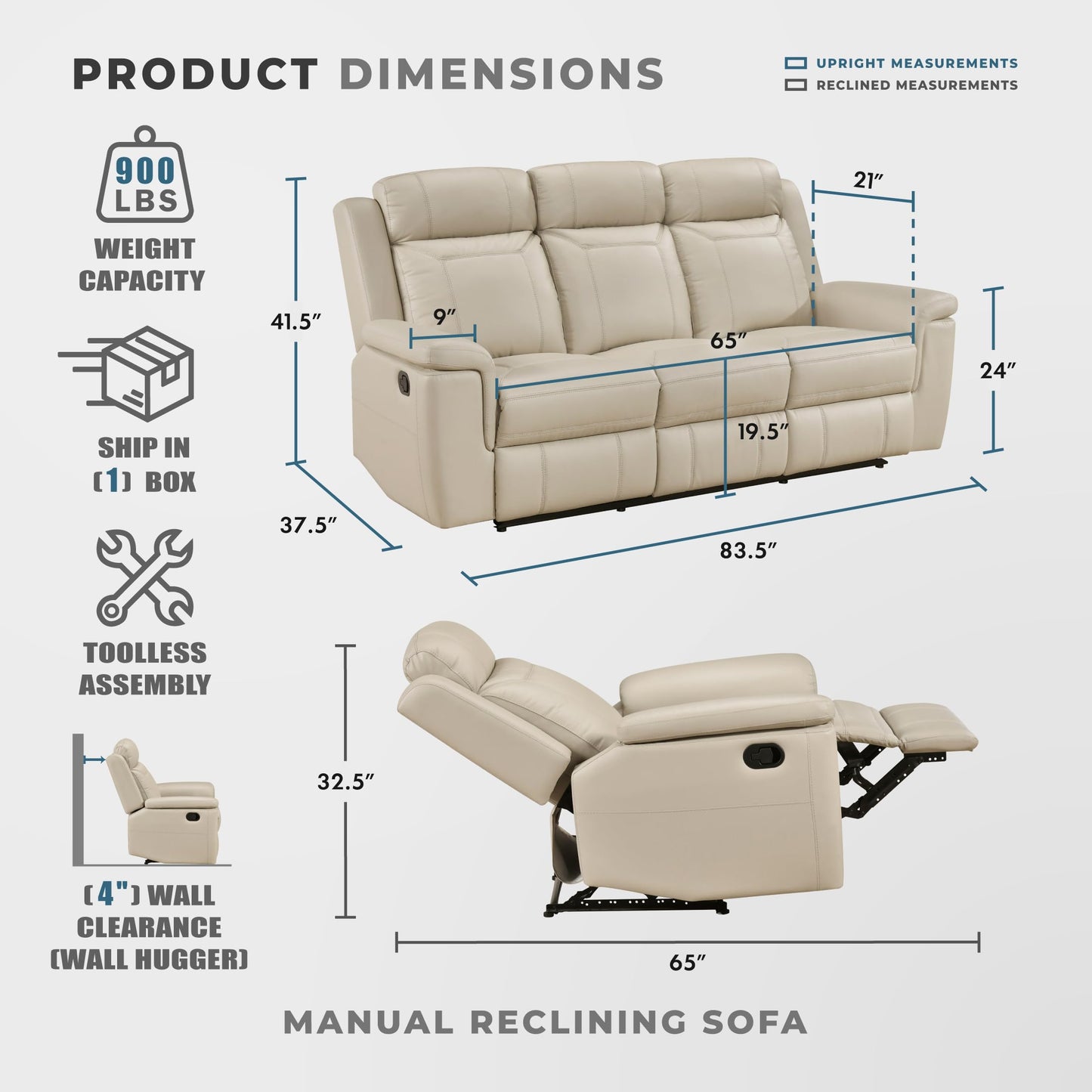 Lexicon Top Grain Leather Match Manual Reclining Sofa, Wall Hugger Reclining Sofa, Overstuffed Armrest, for Living Room/Theater Seating/Apartment, Easy Assembly, Beige