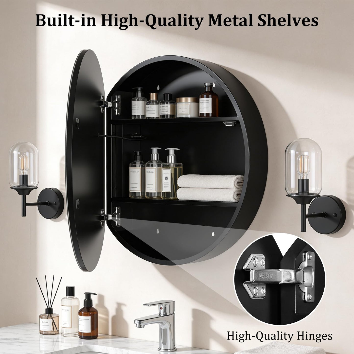 WallBeyond 24 in Round LED Medicine Cabinet with Mirror, Black Bathroom Cabinet with Storage, 3 Color Stepless Dimmable Lights, Anti-Fog, Memory Function, Hardwired, Surface Mount