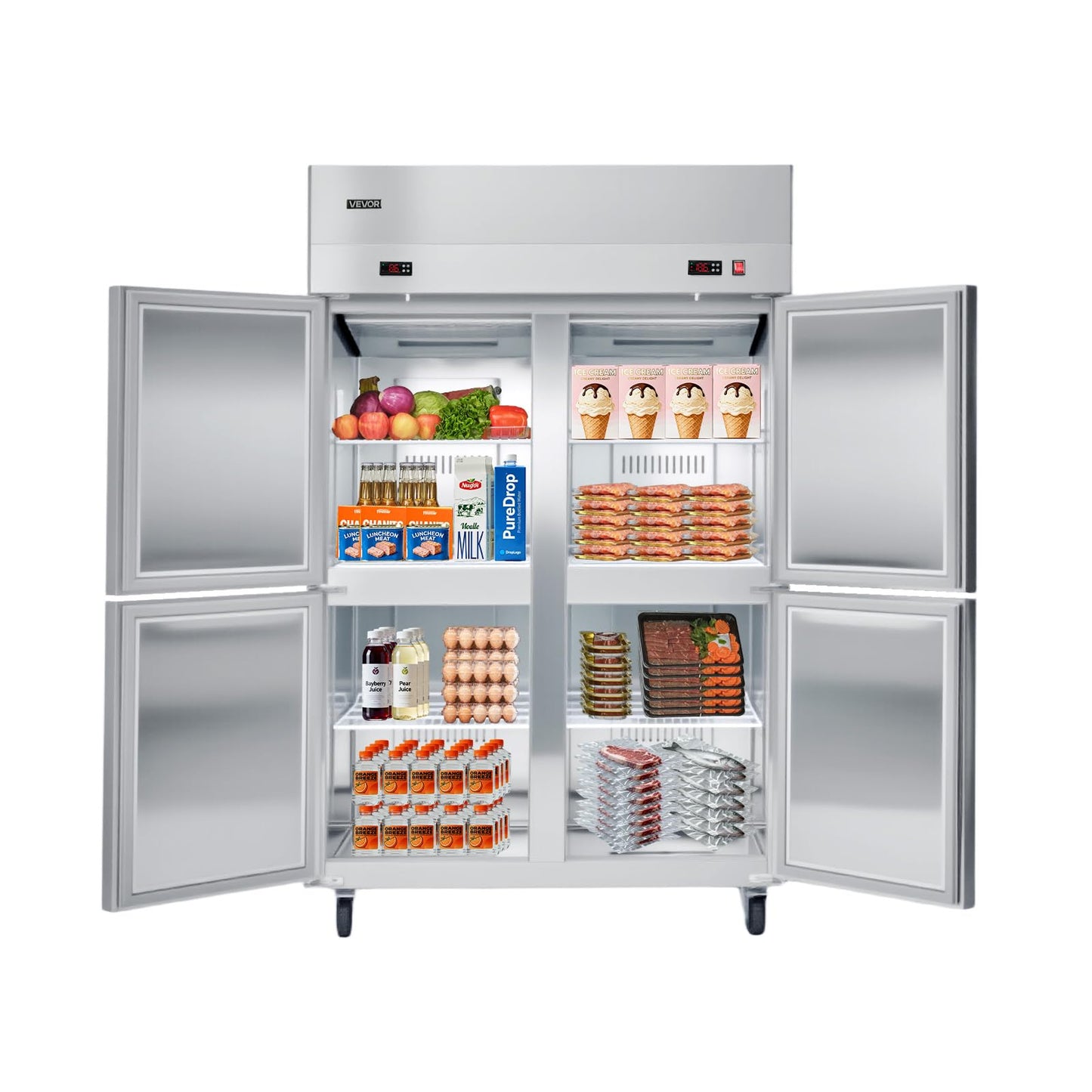 VEVOR Commercial Refrigerator and Freezer Combo 48" W, 31 Cu.Ft Stainless Steel Upright Freezer/Refrigerator with 4 Doors, Auto-Defrost, 6 Adjustable Shelves, UL Certified