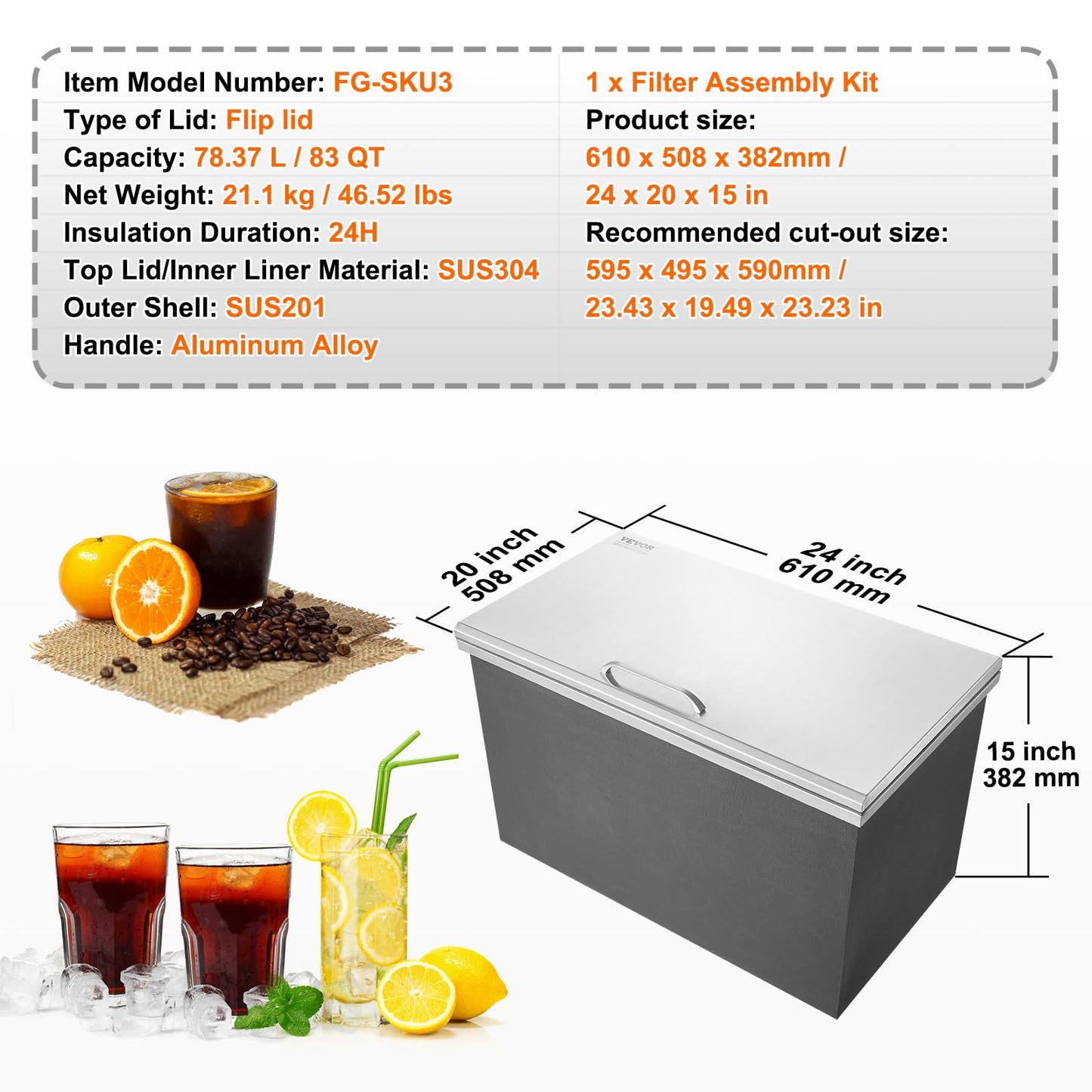 VEVOR Drop in Ice Chest, 24" L x 20" W x 15" H Stainless Steel Ice Cooler, Commercial Ice Bin with Hinged Cover, 40 qt Outdoor Kitchen Ice Bar, Drain-Pipe and Drain Plug Included, for Cold Wine Beer