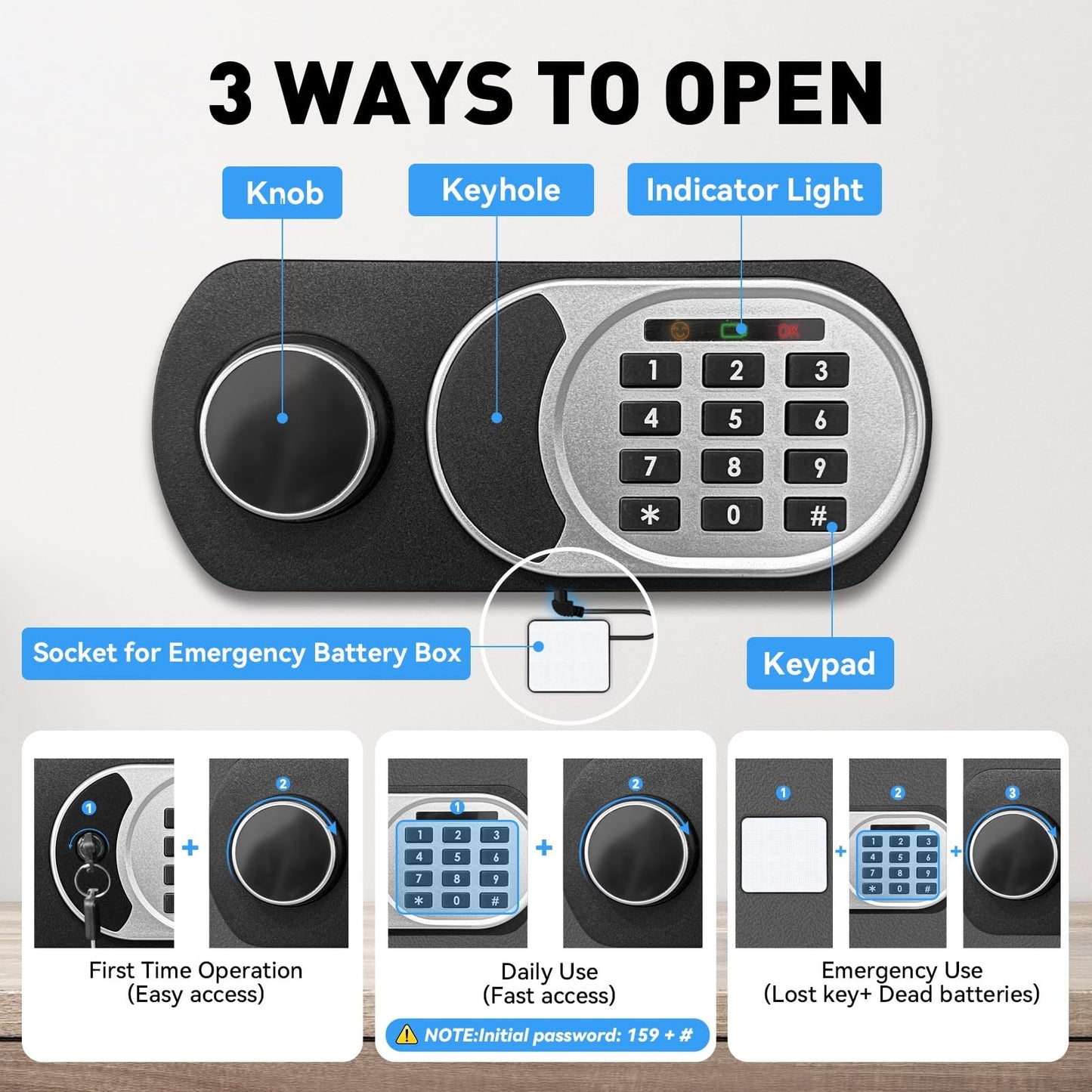 3.0 Cuft Fireproof Waterproof Home Safe, Anti-Theft Safety Box with Digital Keypad, Smart Alert System, LED Interior Light, Fireproof Bag and Spare Keys, Secure Storage for Cash Documents Valuables