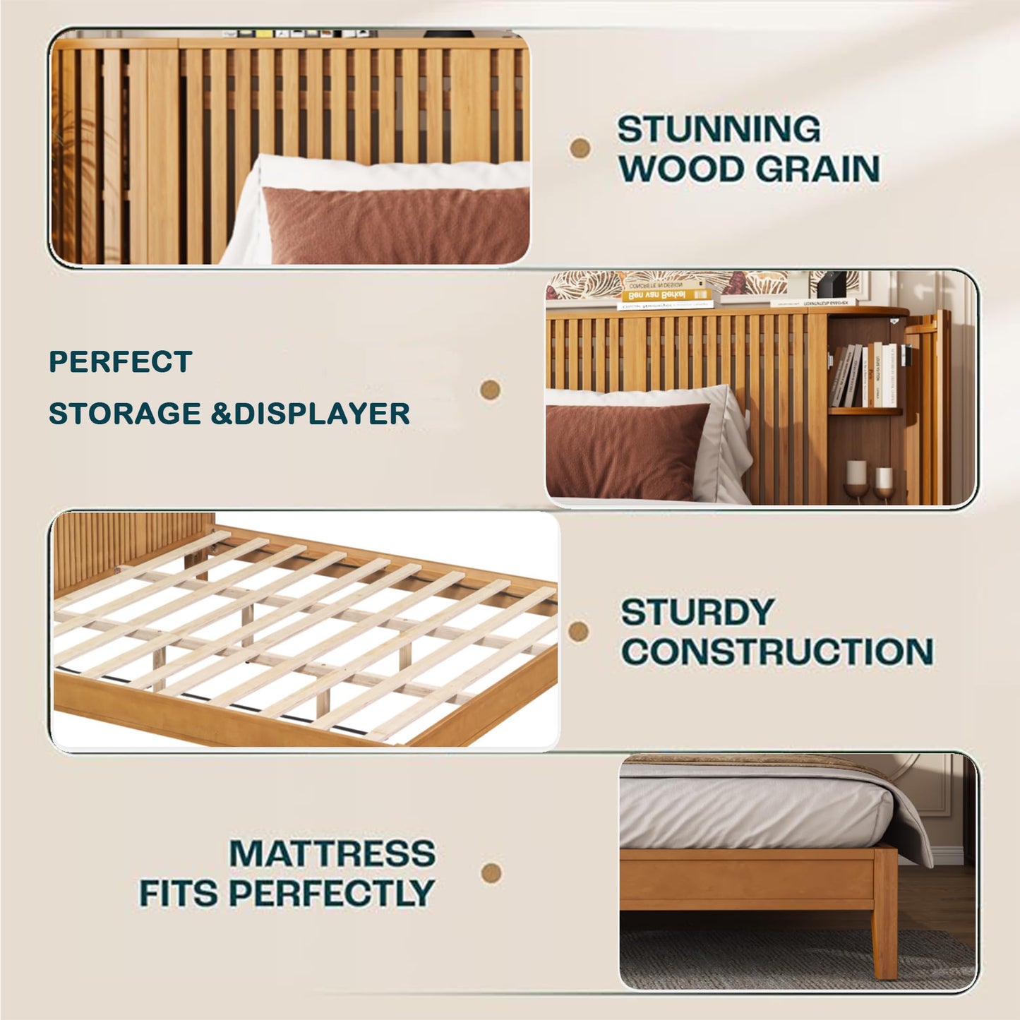 Merax Farmhouse King Size Bed Frame Slat Headboard Design with Concealed Side 3 Layers Storage Shelves, Natural Wood Platform Bed with Slats & Middle Legs, No Box Spring Needed, Bear 800 LBS