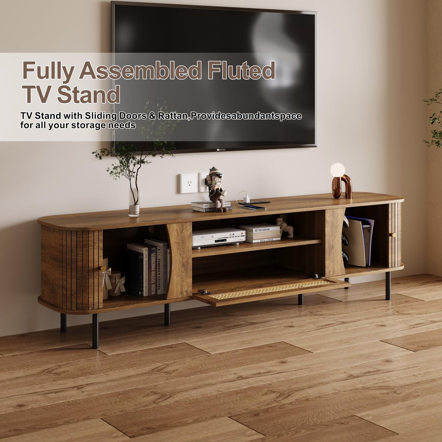 basenji Fully Assembled 71" Mid Century Modern TV Stand with Power Outlet and Sliding Doors, Rattan Entertainment Center with Storage, Wood Media Console,TV Consoles for Living Room,Walnut
