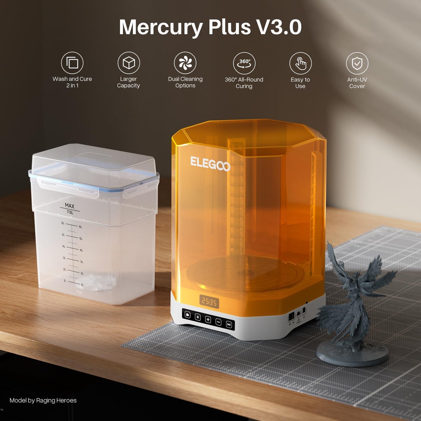 ELEGOO Mercury Plus V3.0 Wash and Cure Station, 7.5 L Large Capacity, Compatible with Mars Saturn Photon Halot MSLA LCD DLP 3D Printers, Washing Size of 9.05"×5.31”×10.24“