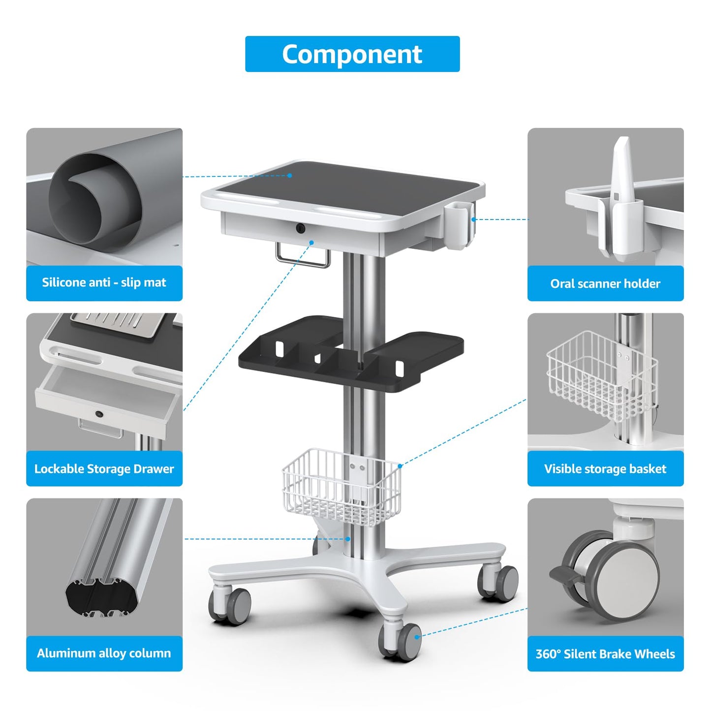 Medical Trolley Cart with Laptop Tray, Mobile Dental Clinic Workstation with Oral Scanner Holder for Hospitals Beauty Salon and Labs
